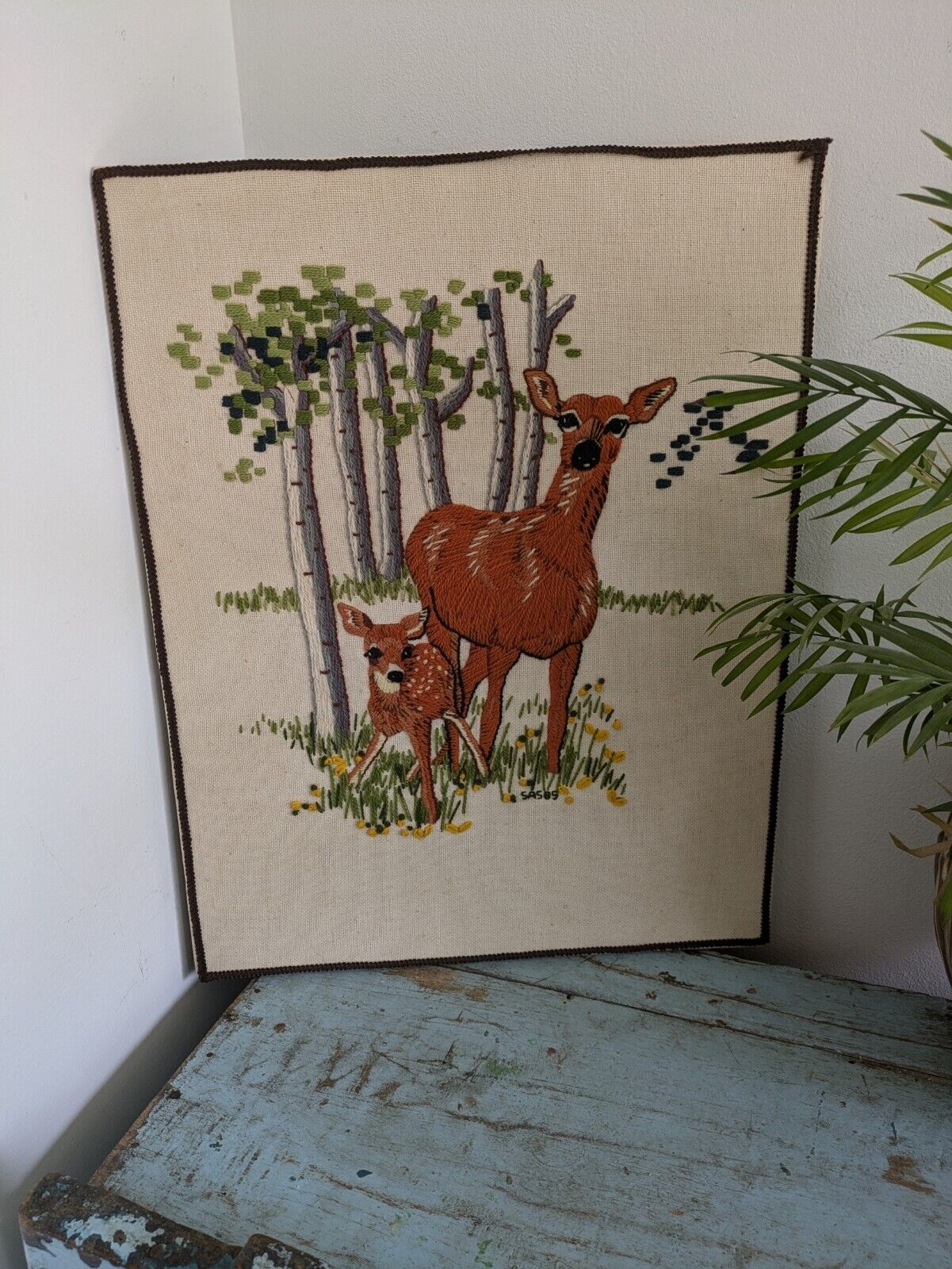 Vntage Retro Linda K Powell? Doe Fawn In Field 1970s Complete Needle Work Crewel