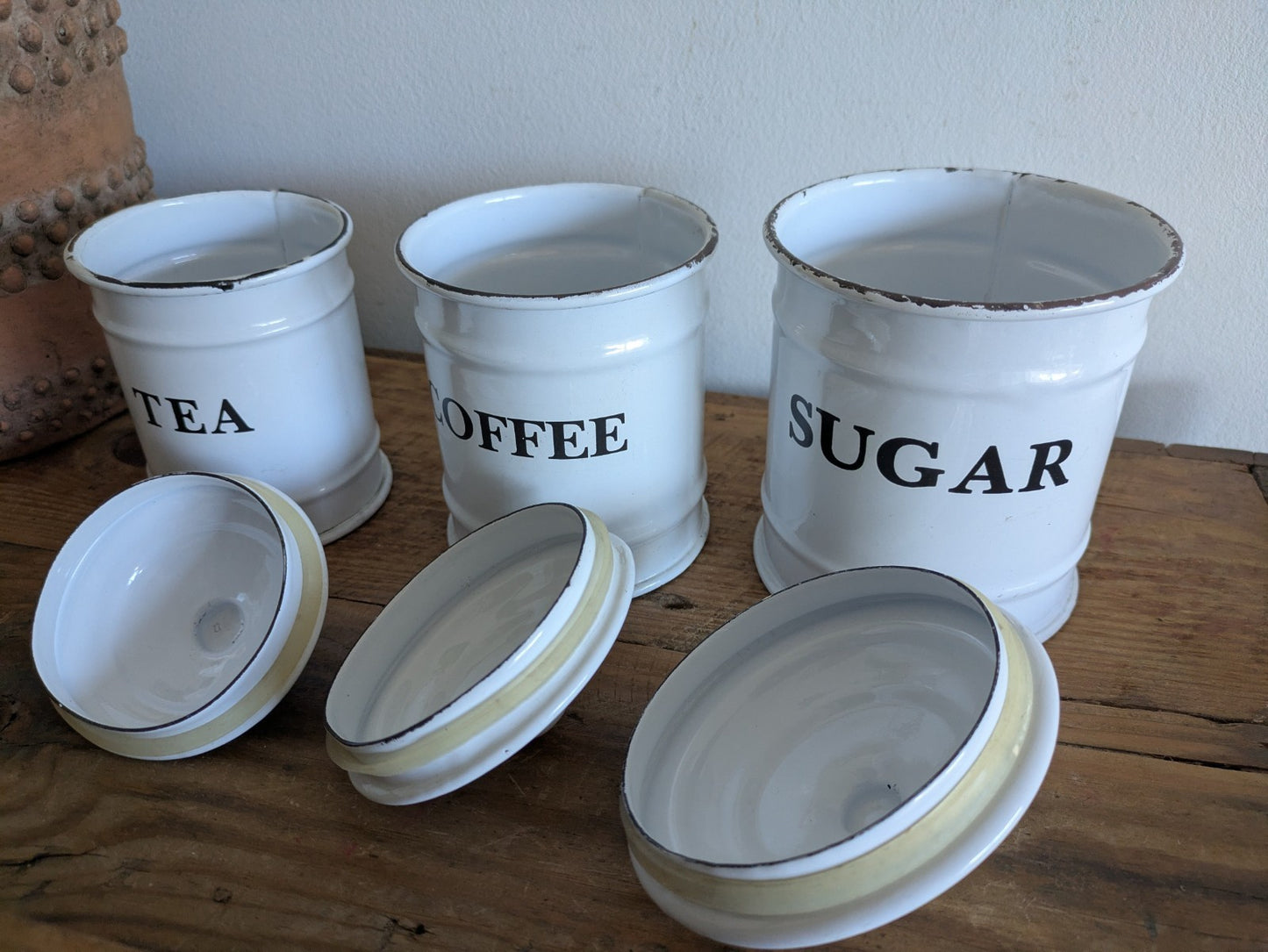 Vintage White Enamel Canisters Set Metal Tins Jars Antique Vgc Shabby Chic Clean