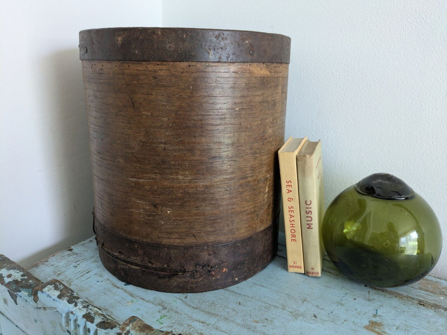 Vintage Bentwood Primitive Heavy Iron Grain Measure Pot Handmade Banded Metal