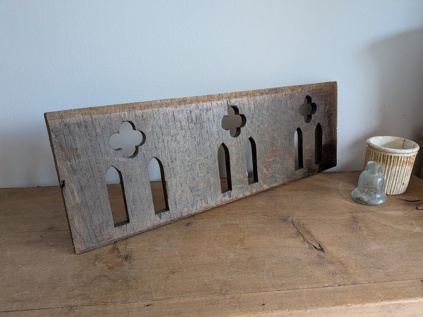 Antique Gothic Revival Panel Solid Oak Wood Salvage Lecturn Piece Clover Arch