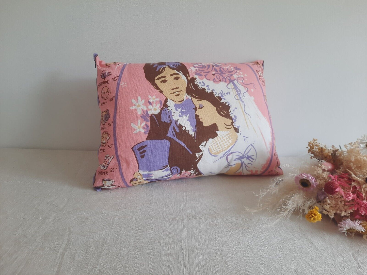 Vintage Upcycled Tea Towel Wedding Anniversary Gift cushion Vintage Retro Pink