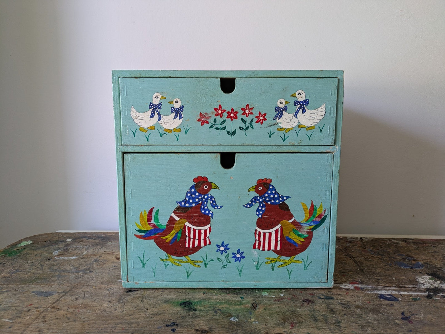 Folk Art Chicken CHEST of DRAWERS BOX KITCHEN Storage Wood Jewellery Vtg Floral