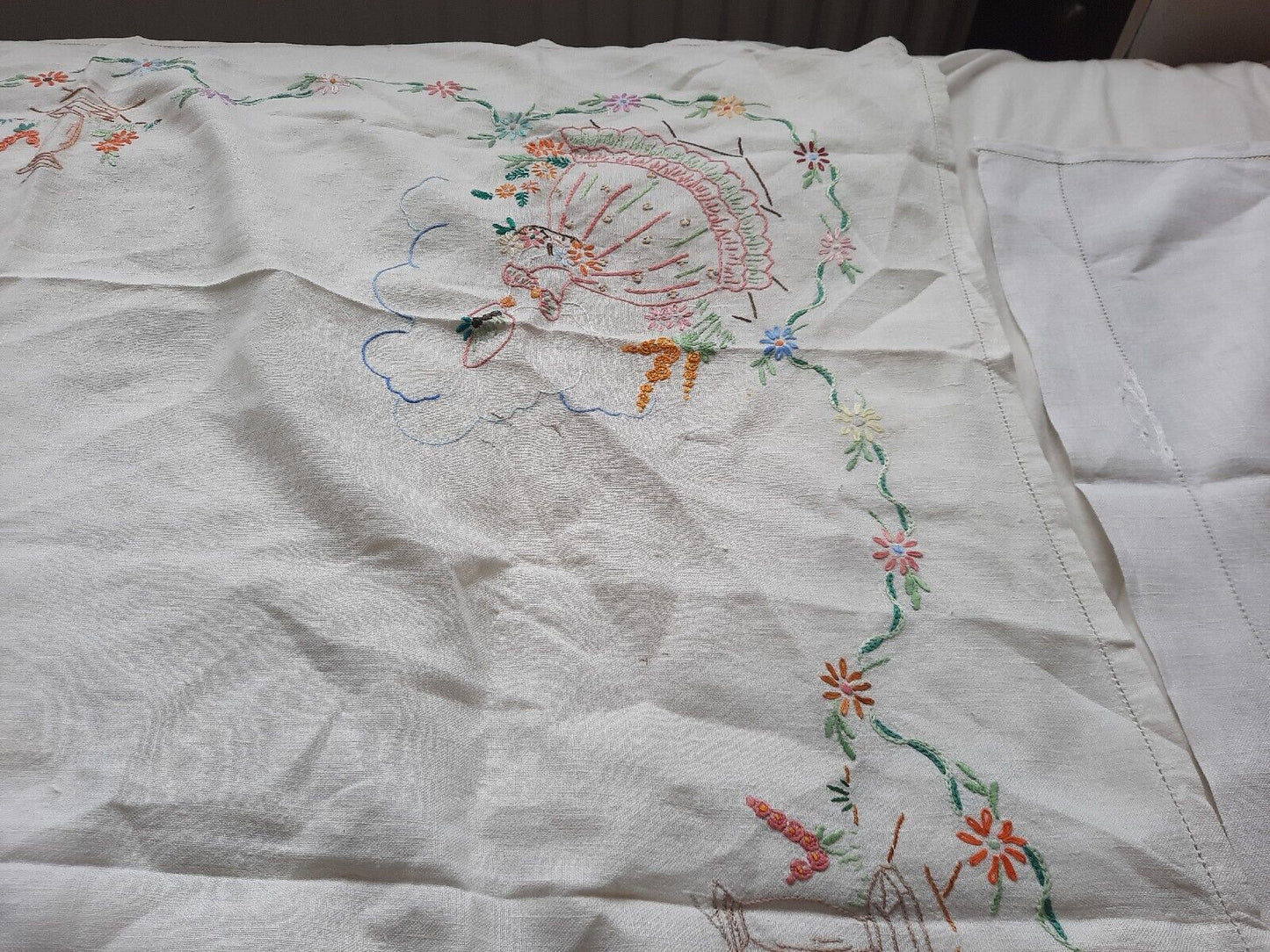 Job lot vtg embroidered retro table cloths cotton floral runner crinoline lady!!