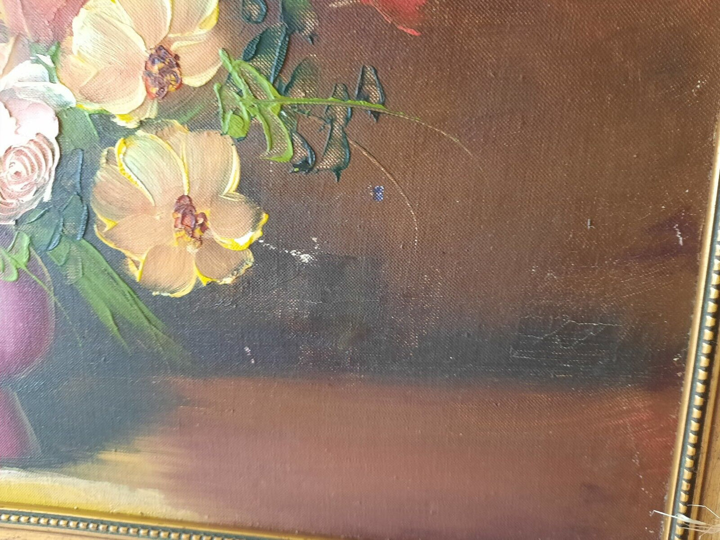 Large Original Vintage Antique Still Life Of Roses Oil On Canvas Painting Gilt