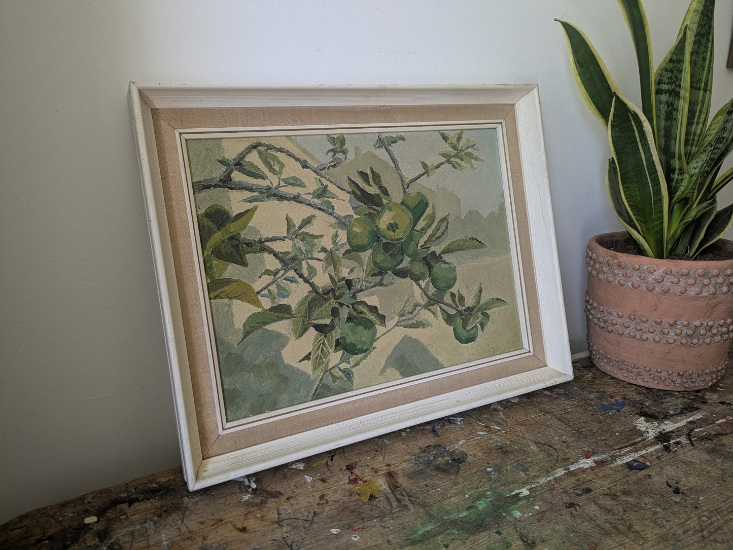 Vintage Apple Tree Original Painting Mid Century Framed Still Life Fruit Retro