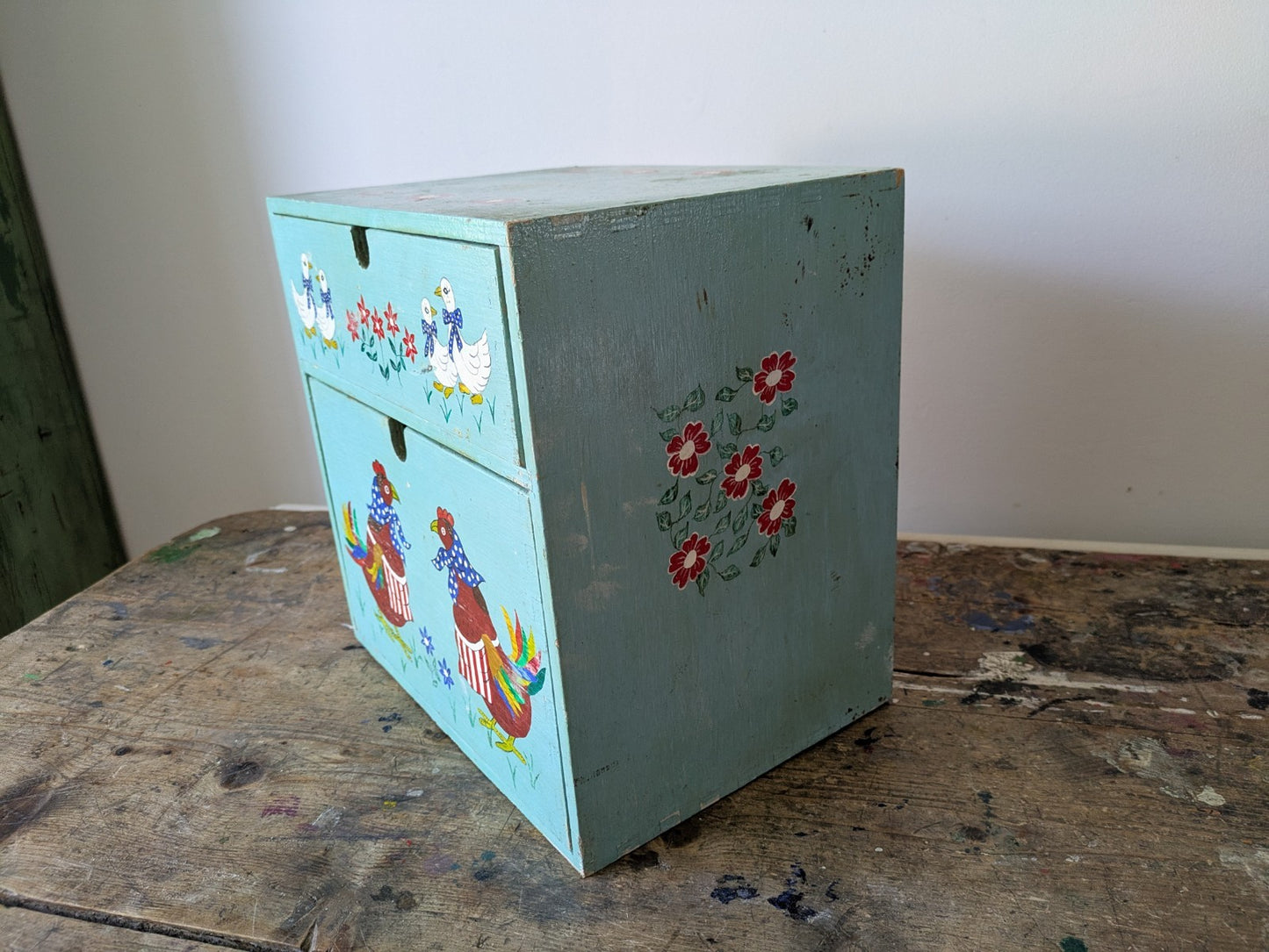 Folk Art Chicken CHEST of DRAWERS BOX KITCHEN Storage Wood Jewellery Vtg Floral