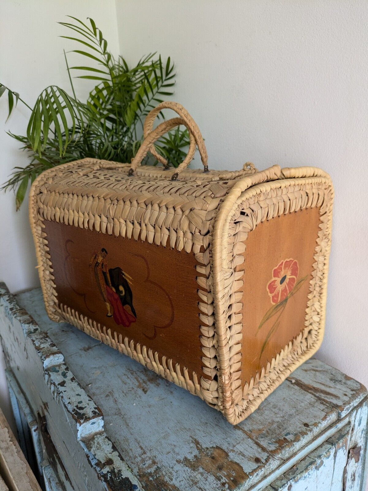 Vintage 1960s Spanish Tote Bag mid Century Wicker and Wood Hand Painted Floral