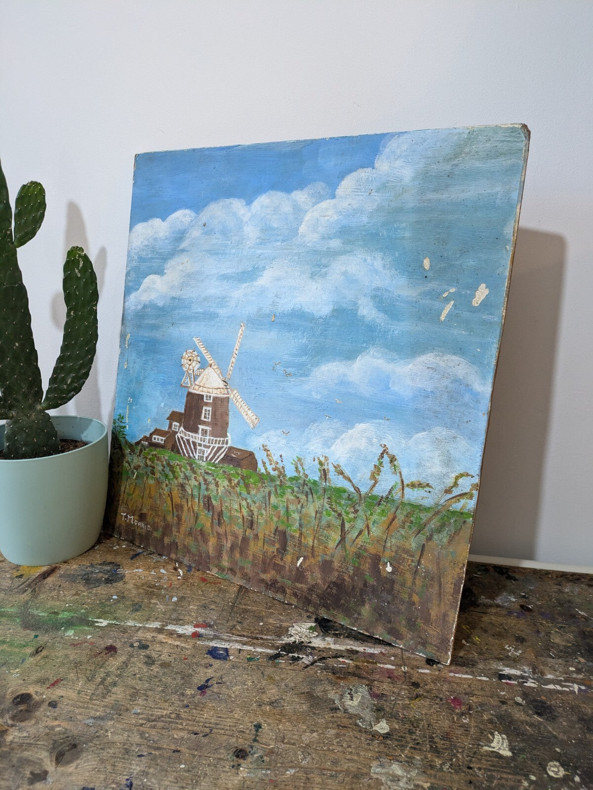 Vtg Painting T Morris Farm Windmill Oil On Board Country Picture Landscape
