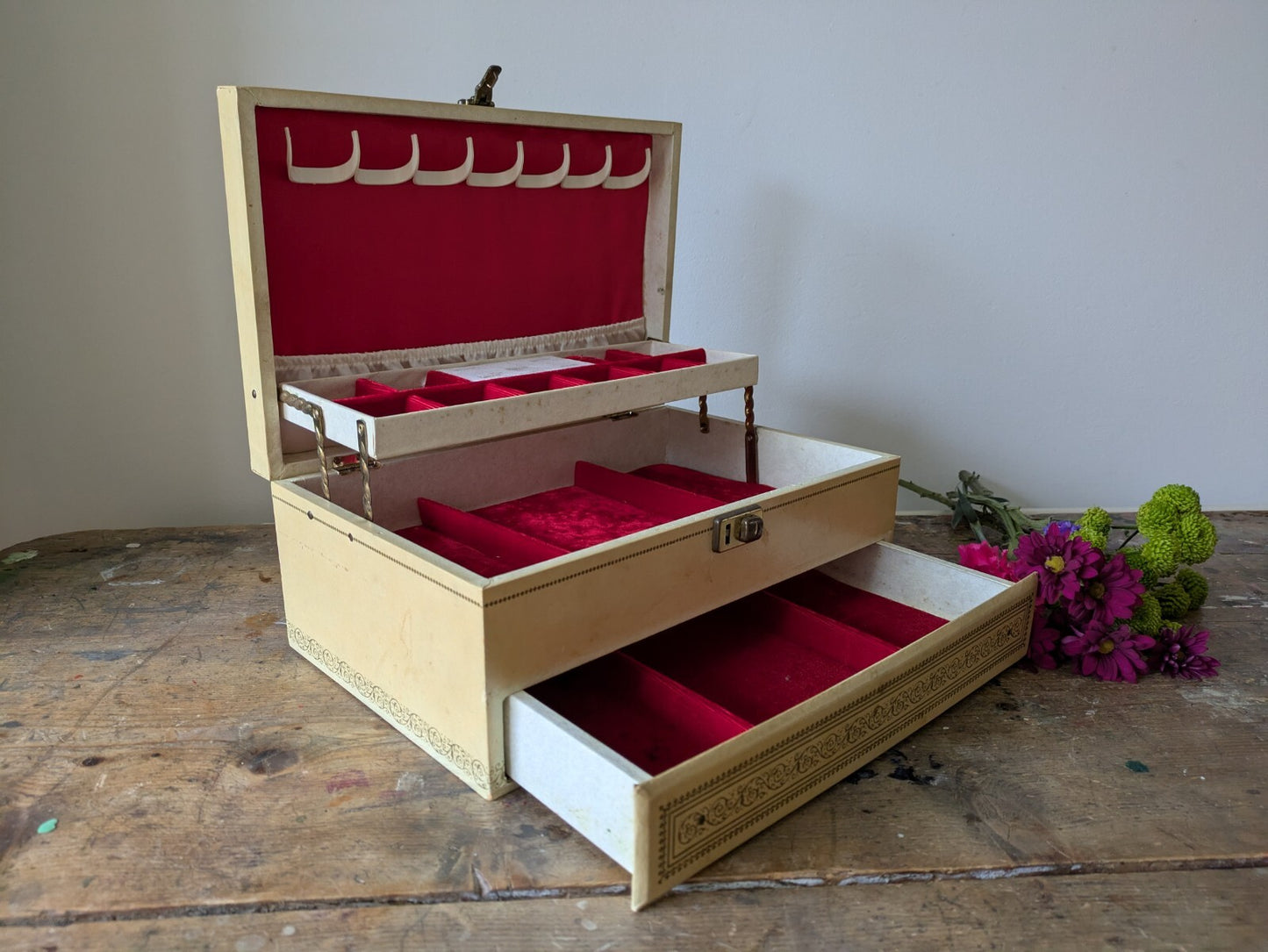 Vintage MELE 3 Tier Jewellery Box Faux Leather Made in U.S.A 1950s Red Velvet
