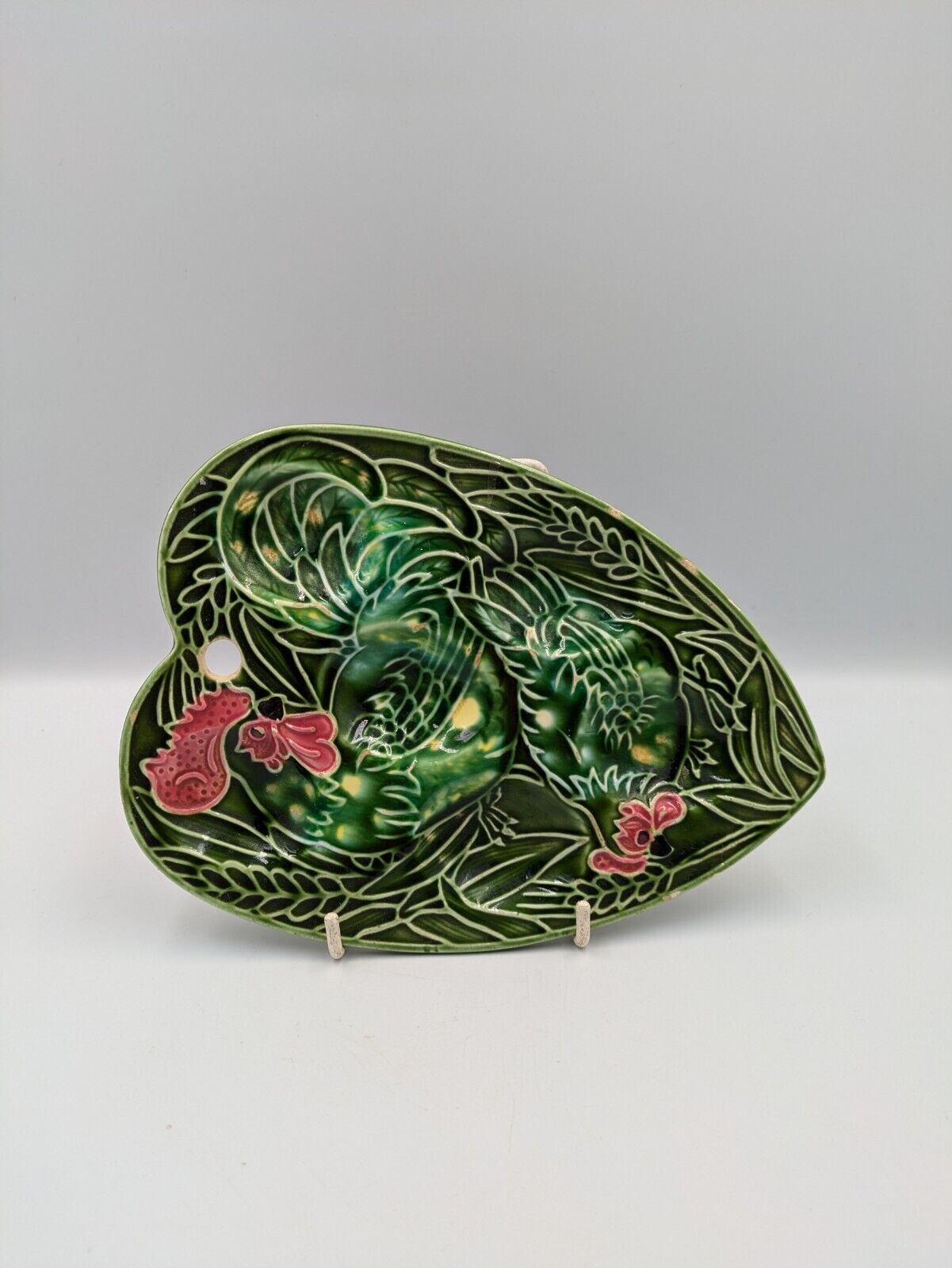 Vintage Chicken Deviled Egg Tray Green Ceramic Dish Plate Hen Heart Leaf Rare