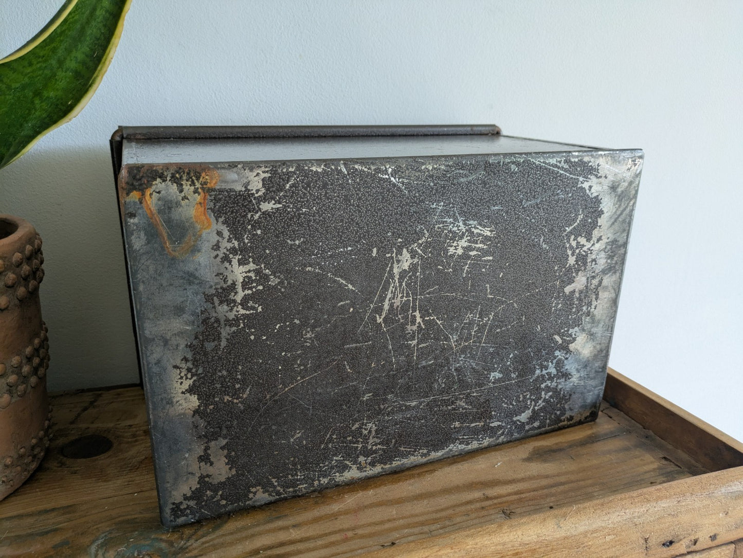 Vintage Metal Box Document Deed BOX Grey Latch Hinged Lid Large Cash Tin File