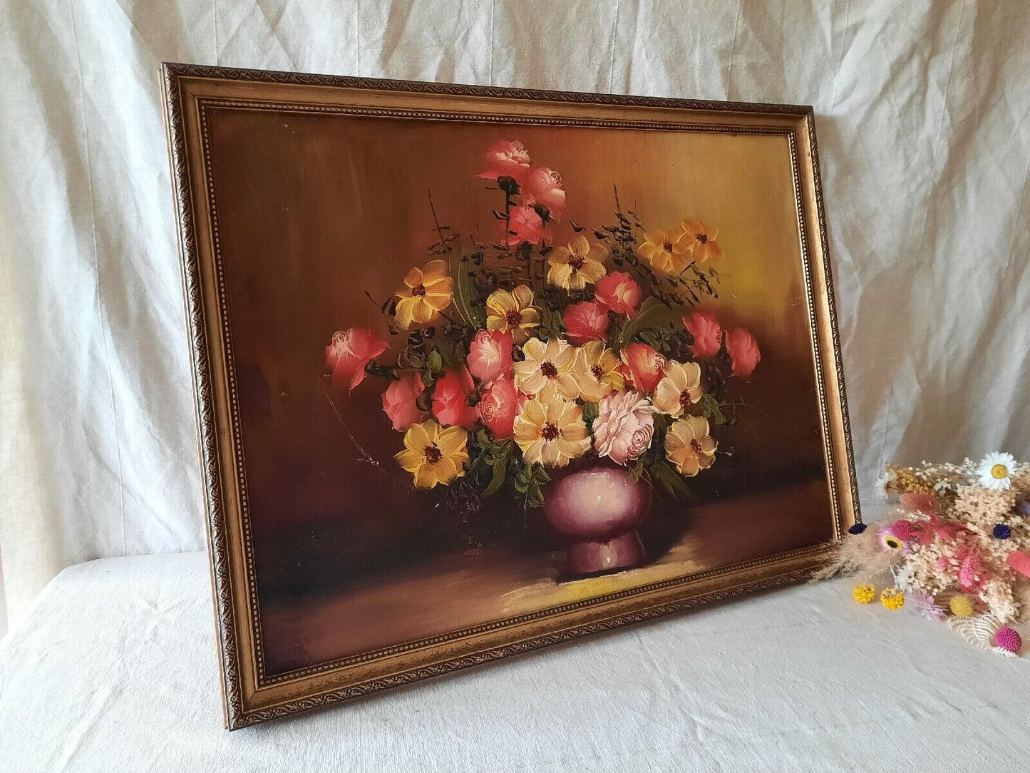 Large Original Vintage Antique Still Life Of Roses Oil On Canvas Painting Gilt