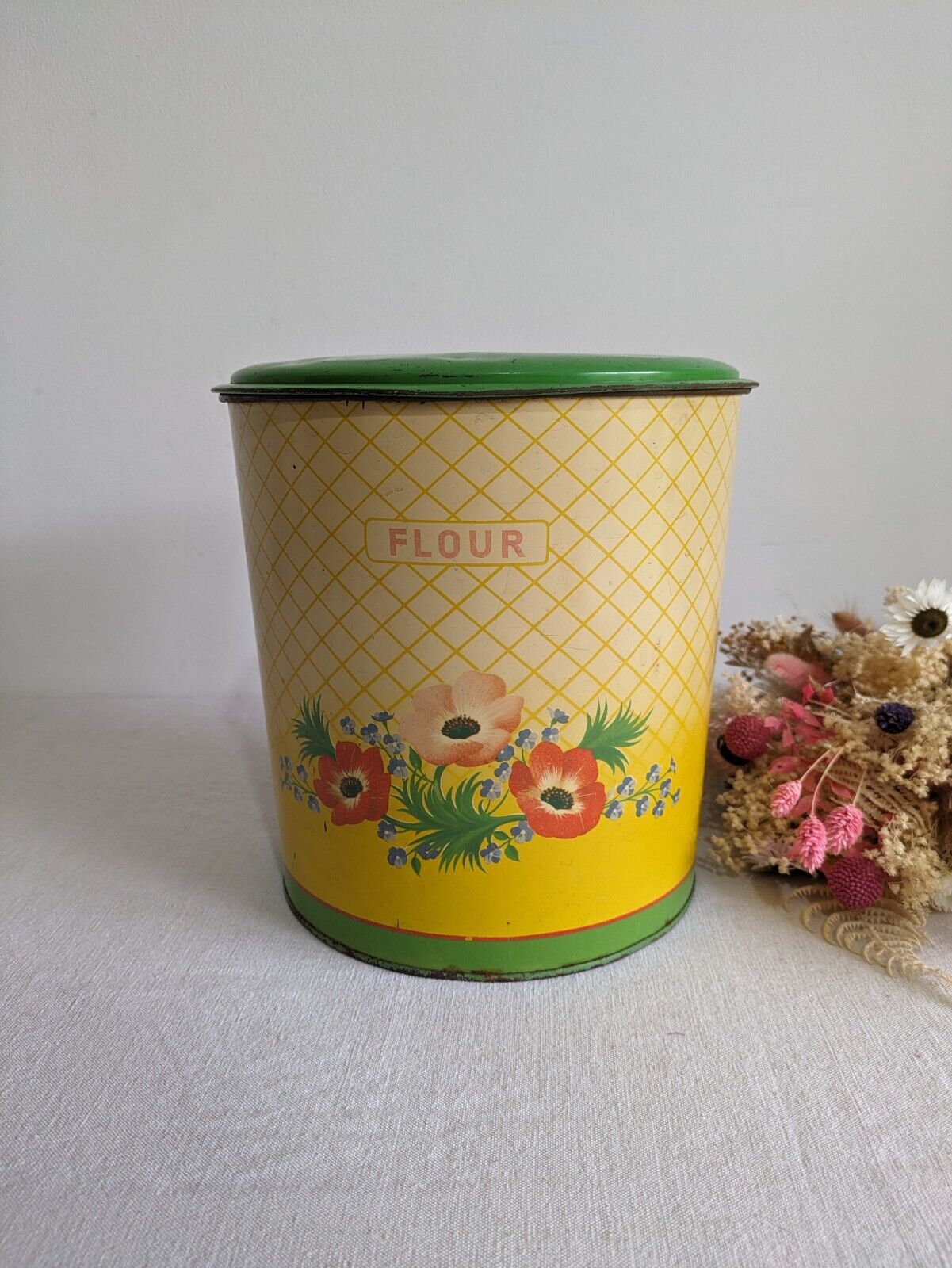 Vintage 1930s 40s Handiware Large Flour Storage Tin / Canister Rare Prop Kitchen