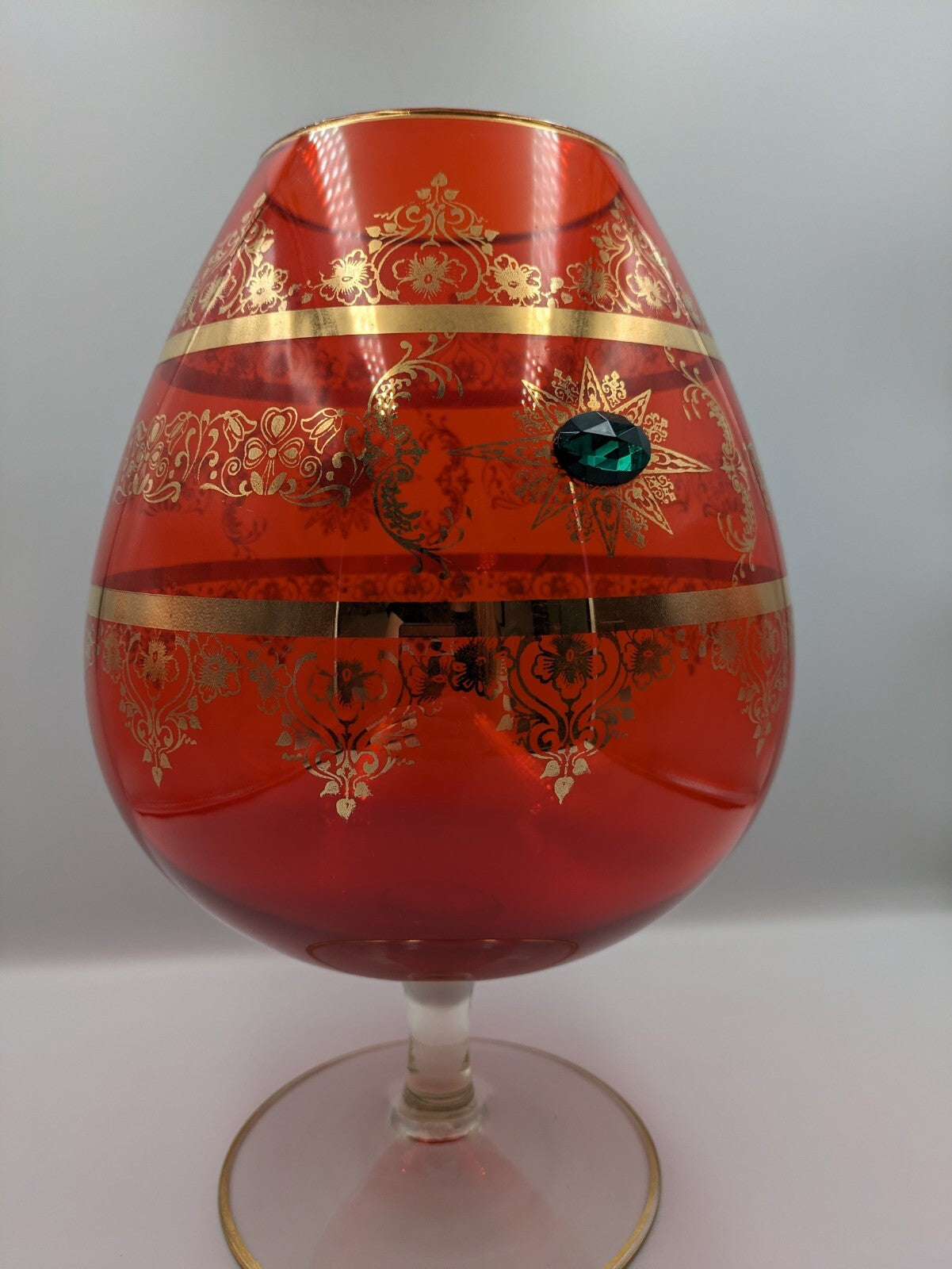 Vtg Cameo Venetian Ruby Gilt Gold Murano Glass Applied Gems Vase Snifter Brandy