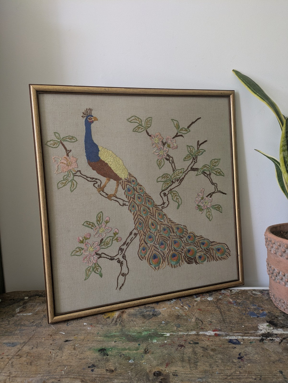 MID CENTURY FRAMED EMBROIDERY PEACOCK ON BRANCH PINK FLOWER LARGE VINTAGE RETRO