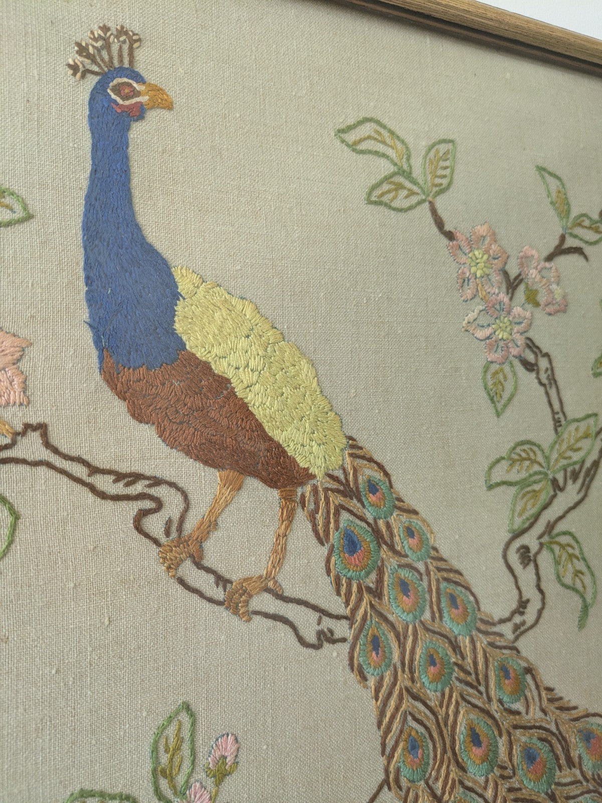 MID CENTURY FRAMED EMBROIDERY PEACOCK ON BRANCH PINK FLOWER LARGE VINTAGE RETRO
