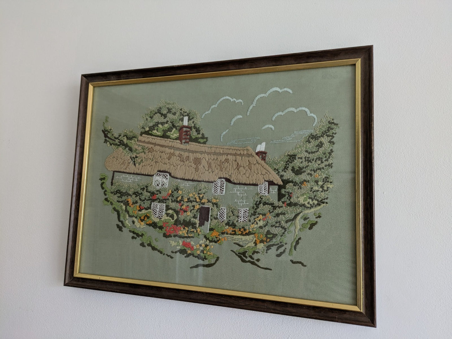 Vintage Old Needlework Crewel Stitchwork Crochet Cottage House Picture English