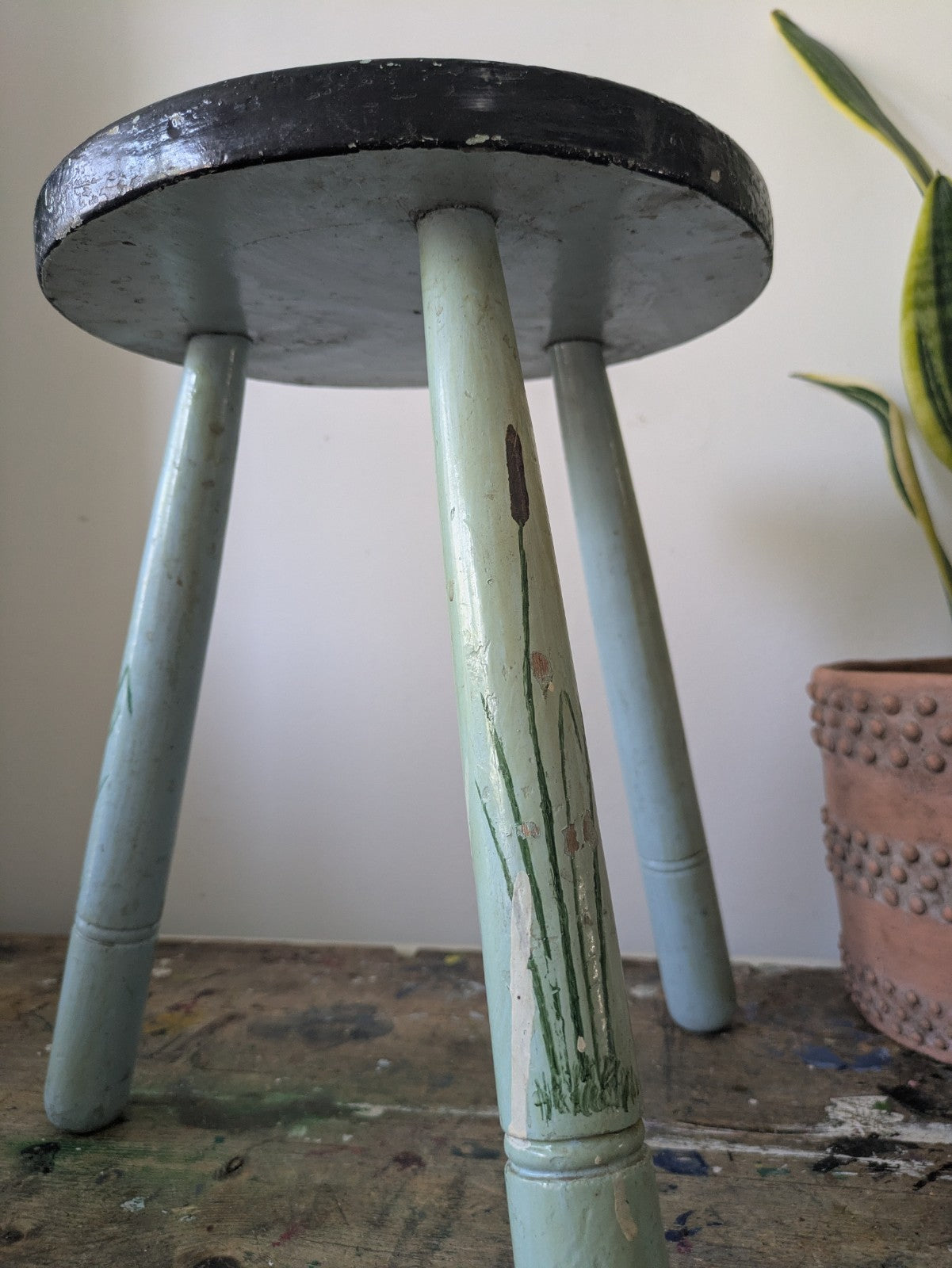 Vintage Stool Folk Art Hand Painted Cherries Blue Chippy Original Antique Tripod
