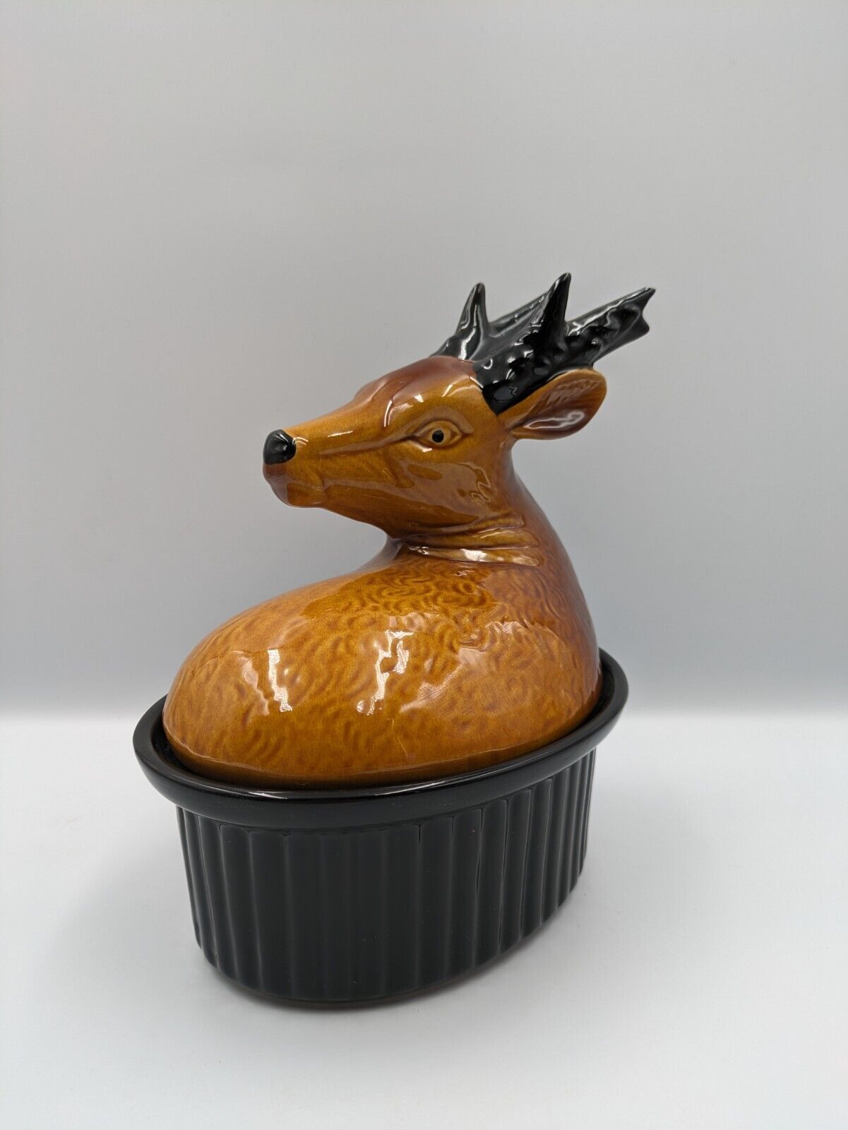 Vtg Majolica French Terrine Tureen Lid Pate Dish Ceramic Deer Game Stag Rare