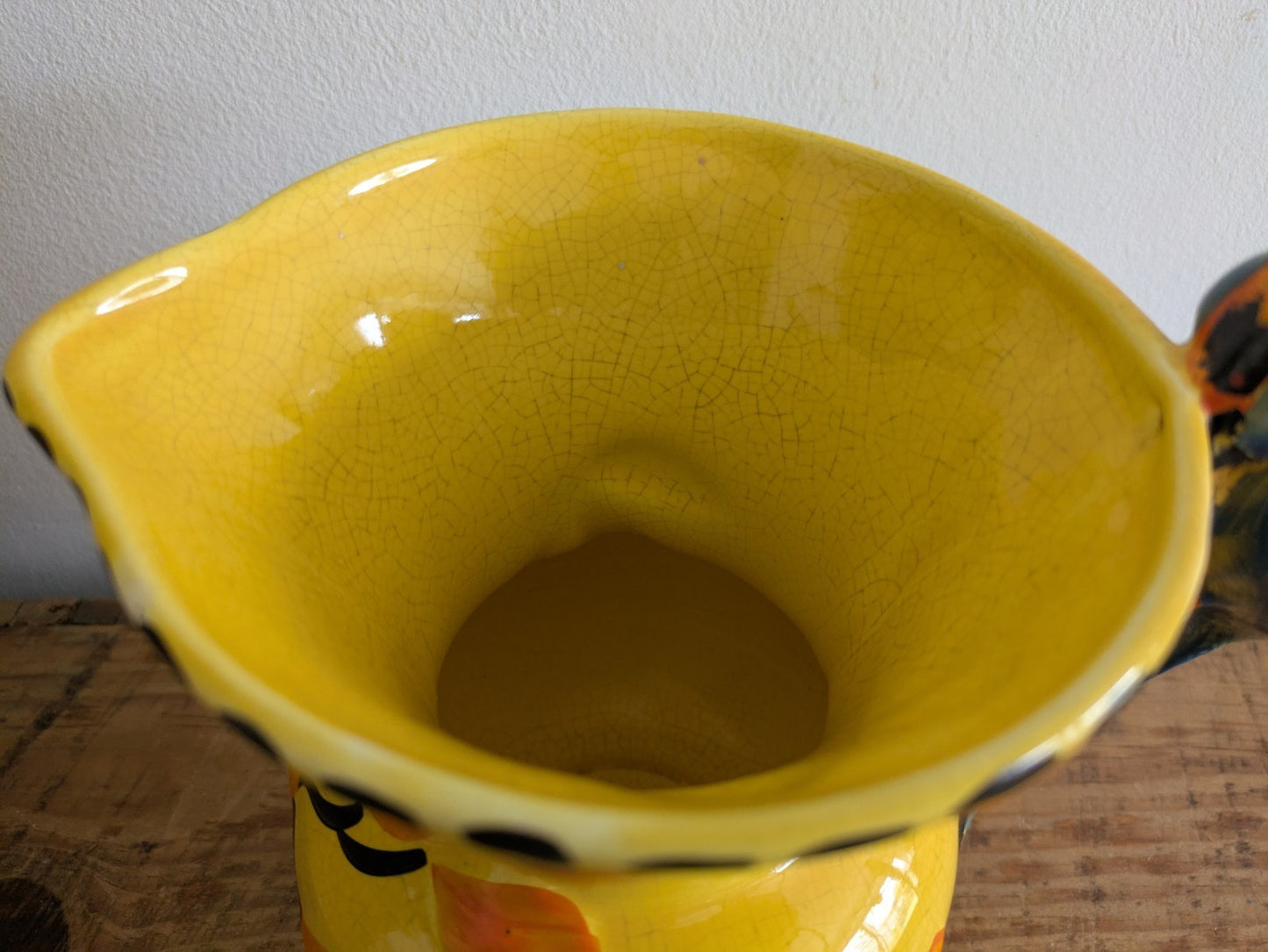 Art Deco Wade Heath Yellow Pitcher with Blue Parrot Bird Handle c 1934 Jug Vase