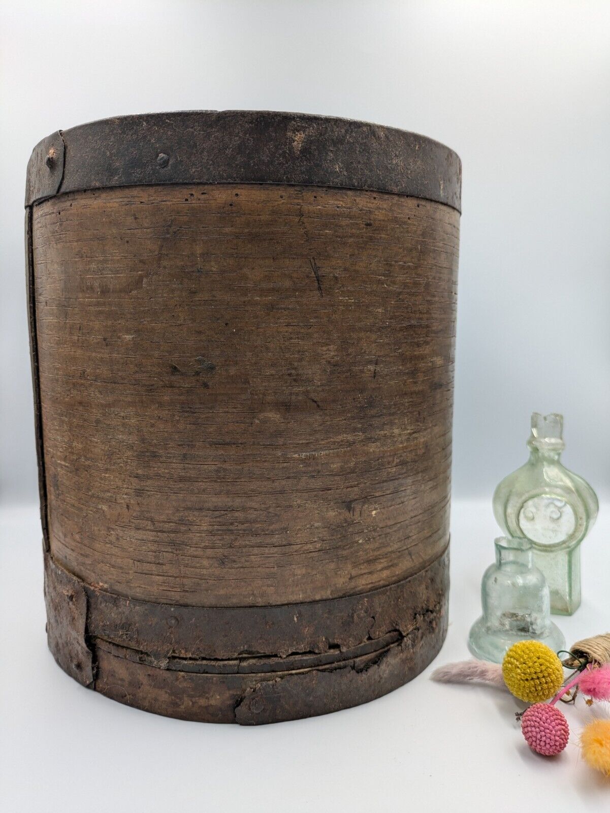 Vintage Bentwood Primitive Heavy Iron Grain Measure Pot Handmade Banded Metal
