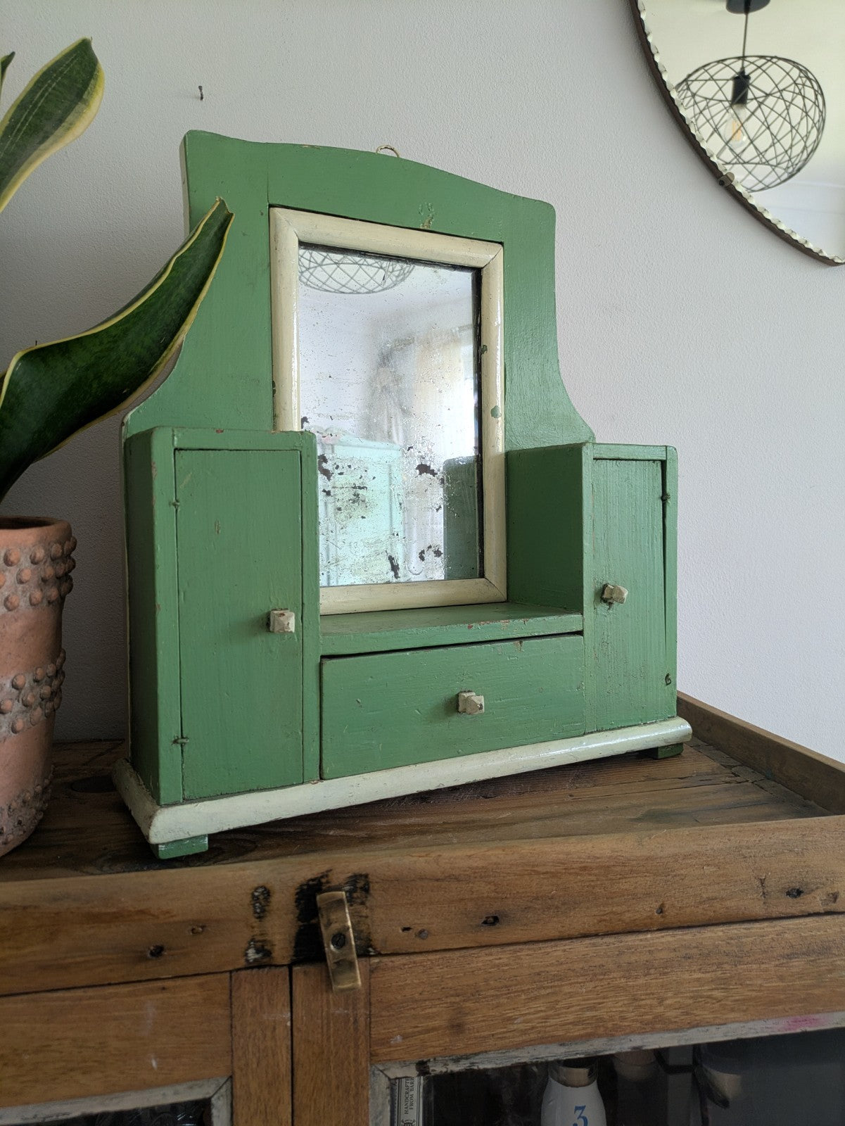 Antique Romanian Art Deco Wood Table Vanity Mirror Drawers Green Cupboard Wall