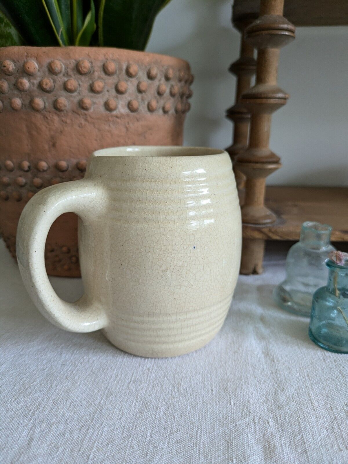 Vintage Crazed Cream Iron Stone Barrel Mug Tankard Crazing Aged Time worn Bar