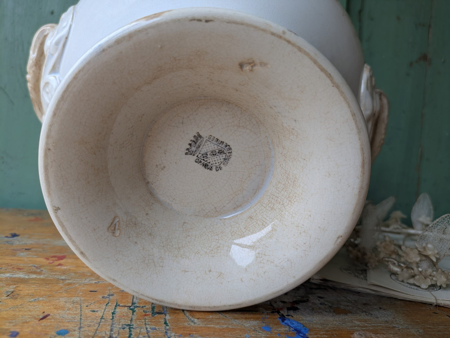Antique French Faience Soup Tureen/ Soupiere Opaque De Sarreguemines Crazed Rare