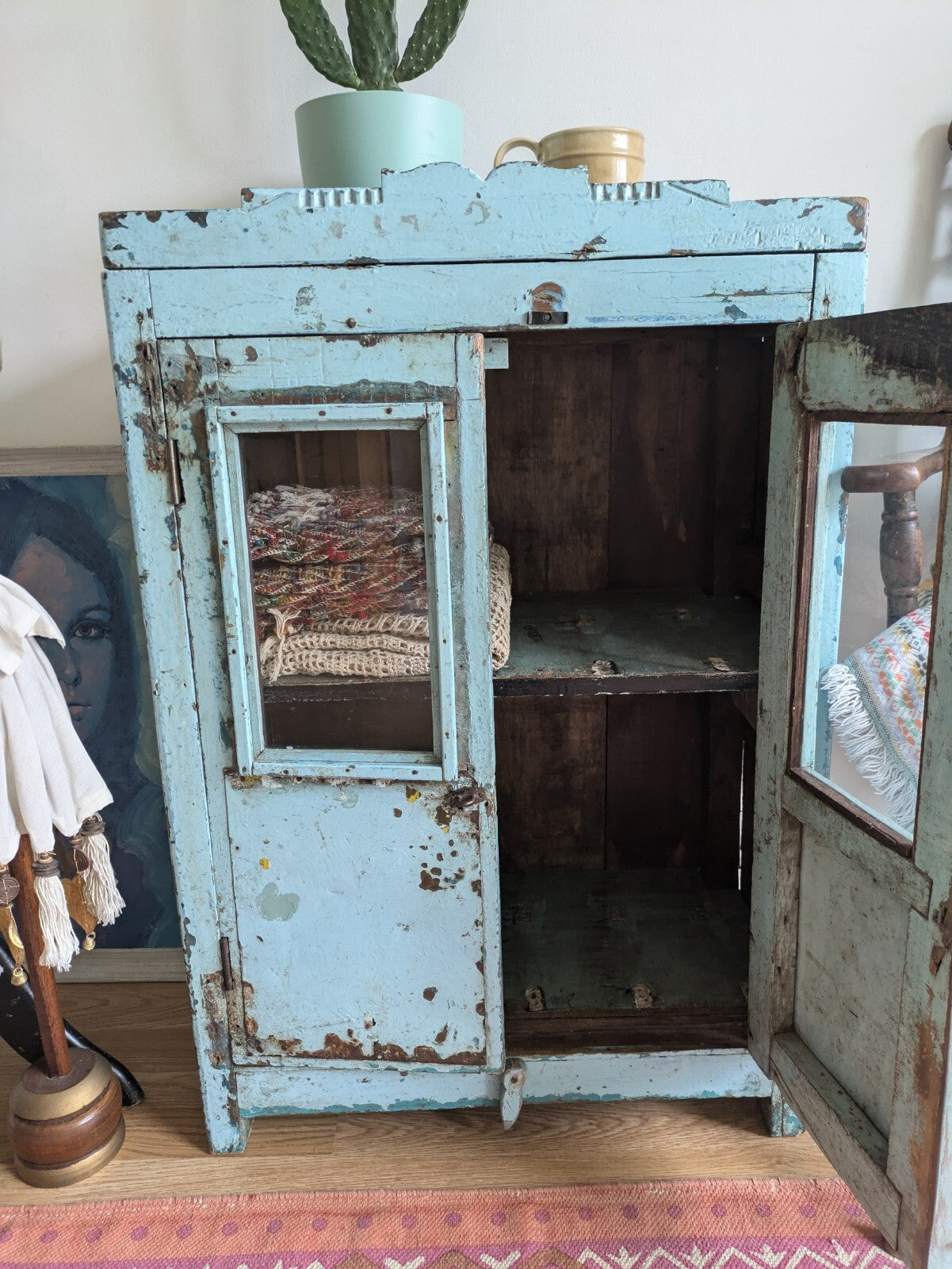 Small Antique Vintage Indian Cabinet Cupboard Painted Rare Glazed Blue Reclaimed
