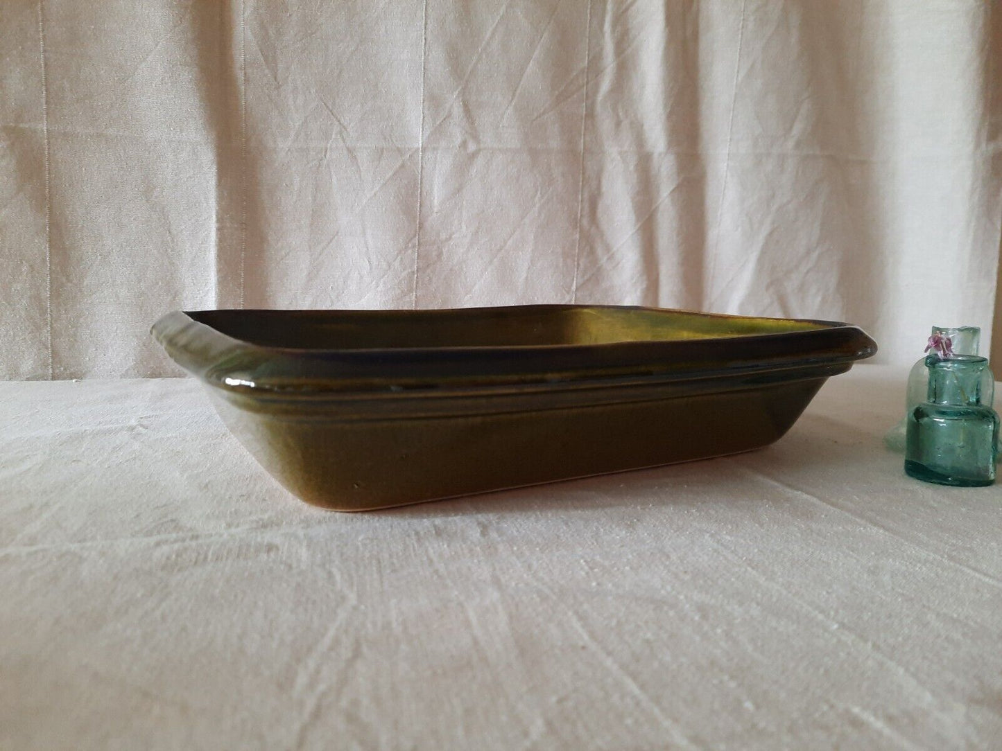 Vintage France French Green Glazed Casserole Dish Stoneware Tray Oven Rare Mint