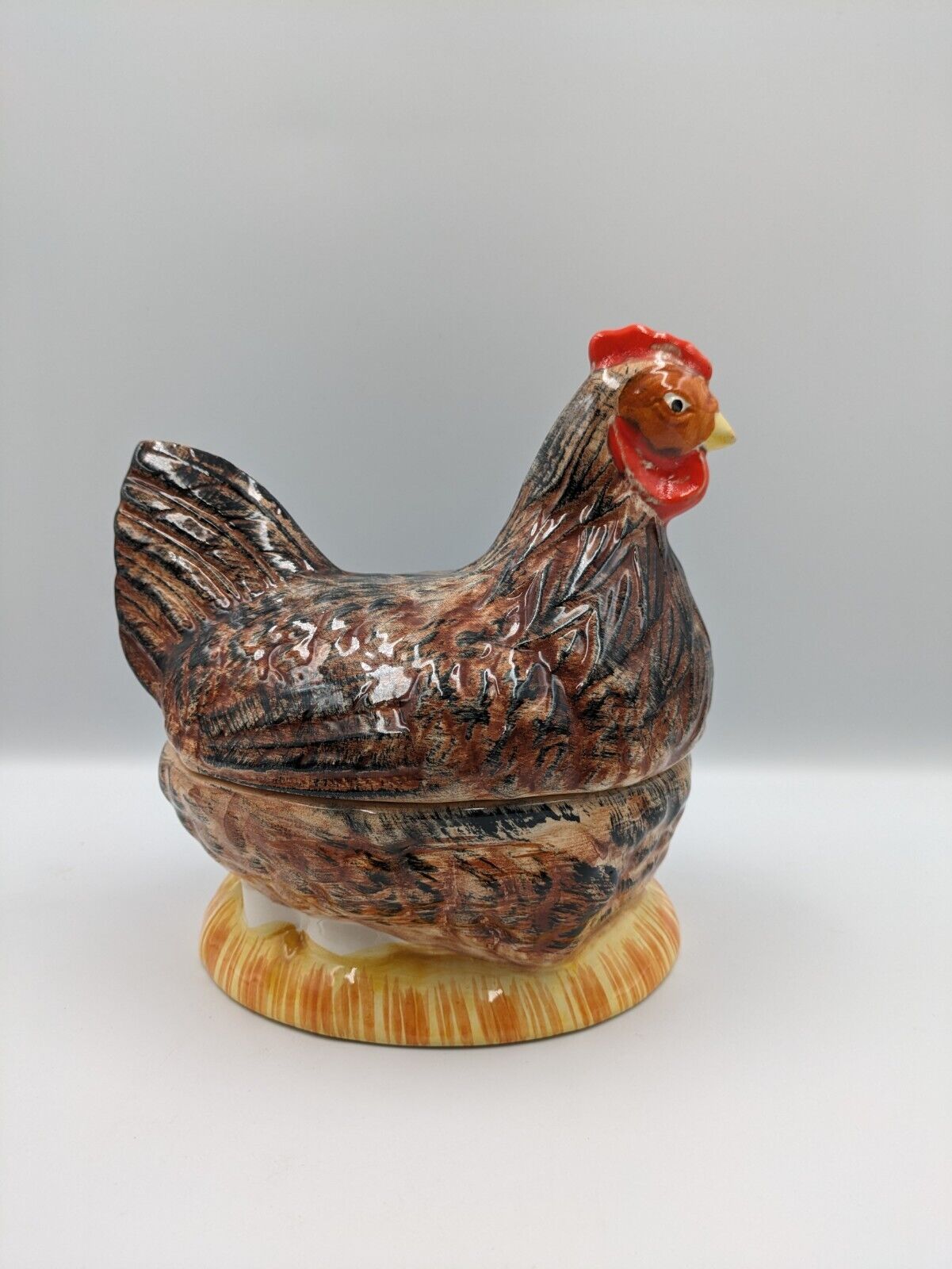 Vintage Michel Caugant French Faience Hen Figurine Pâté Terrine Dish Majolica