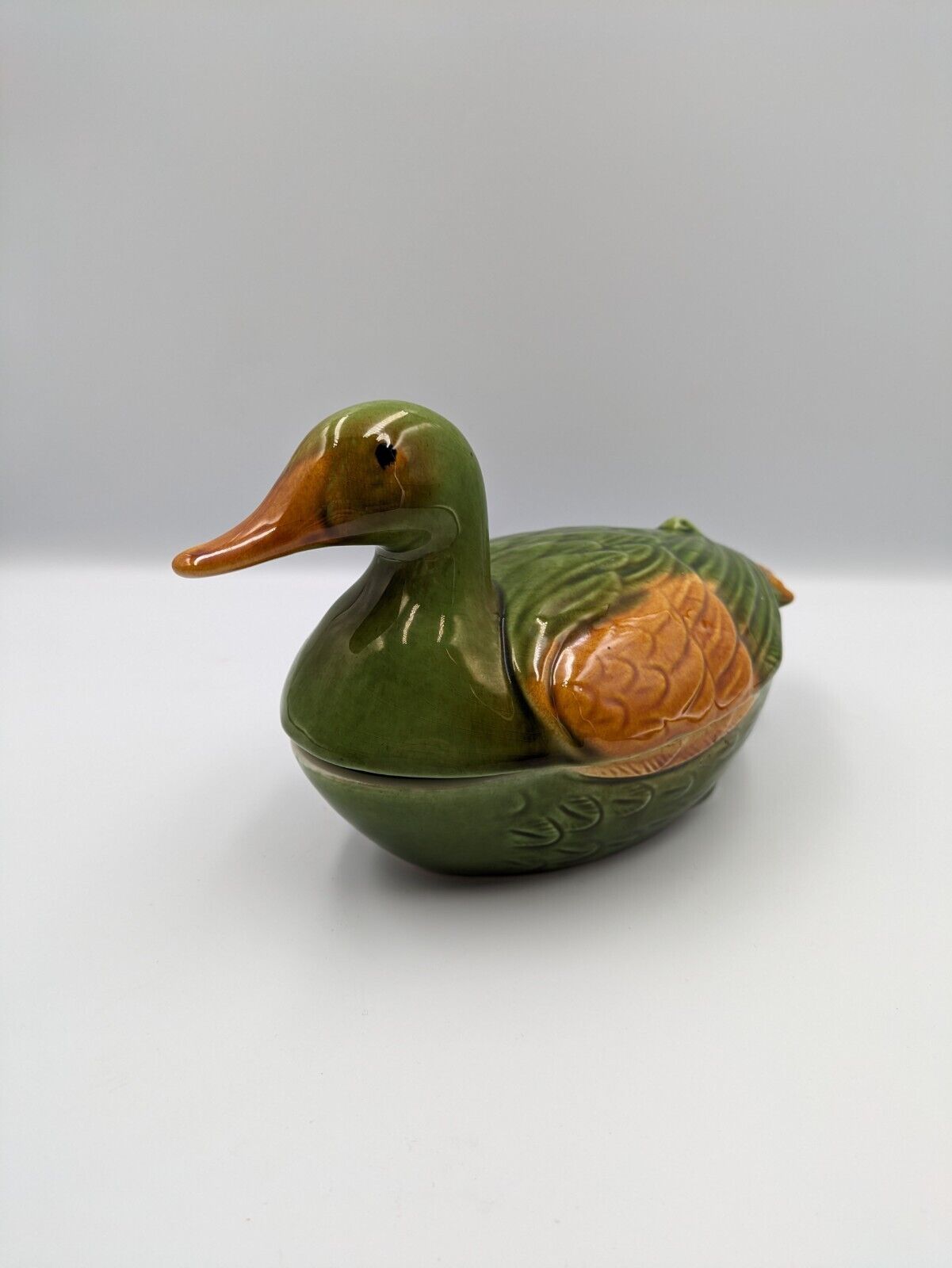 Ceramic WHAT'S VINCENT CADEAUX DUCK Egg Holder Tureen Pottery Green Bird Rare
