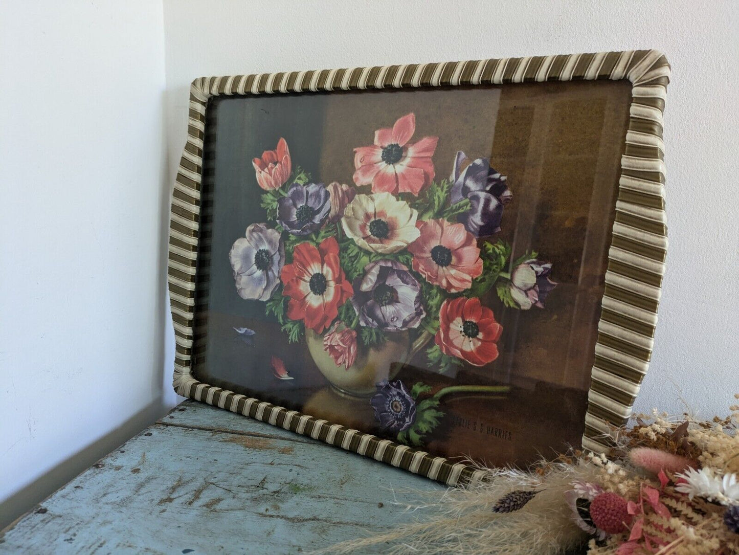 Vintage Retro Tray wrap handles Glass Floral Picture Poppy's Leslie S G Harries