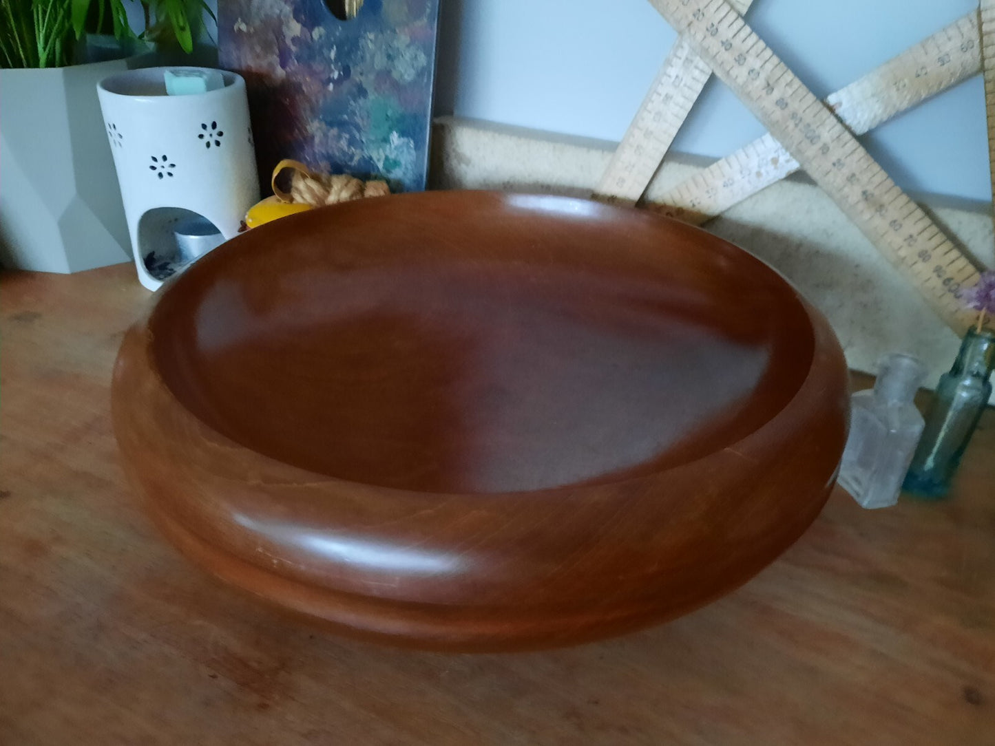 Large retro teak bowl round fruit kitchen antique vintage wooden serving ooak