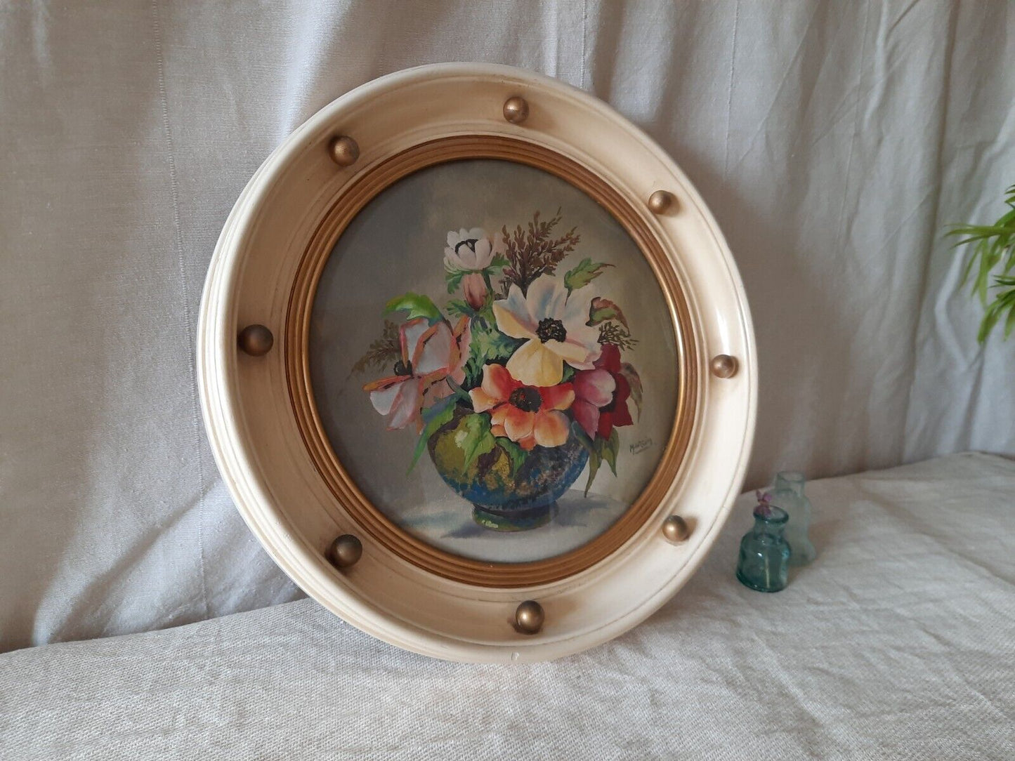 Vintage Retro Framed floral Painting gilt ball cream frame roses convex glass!