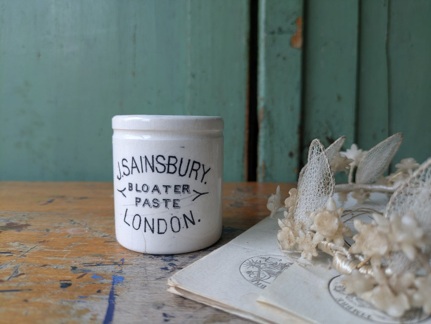 Antique Sainsbury’s Bloater Paste Pot Pantry Jar c 1880s VTG Ironstone London