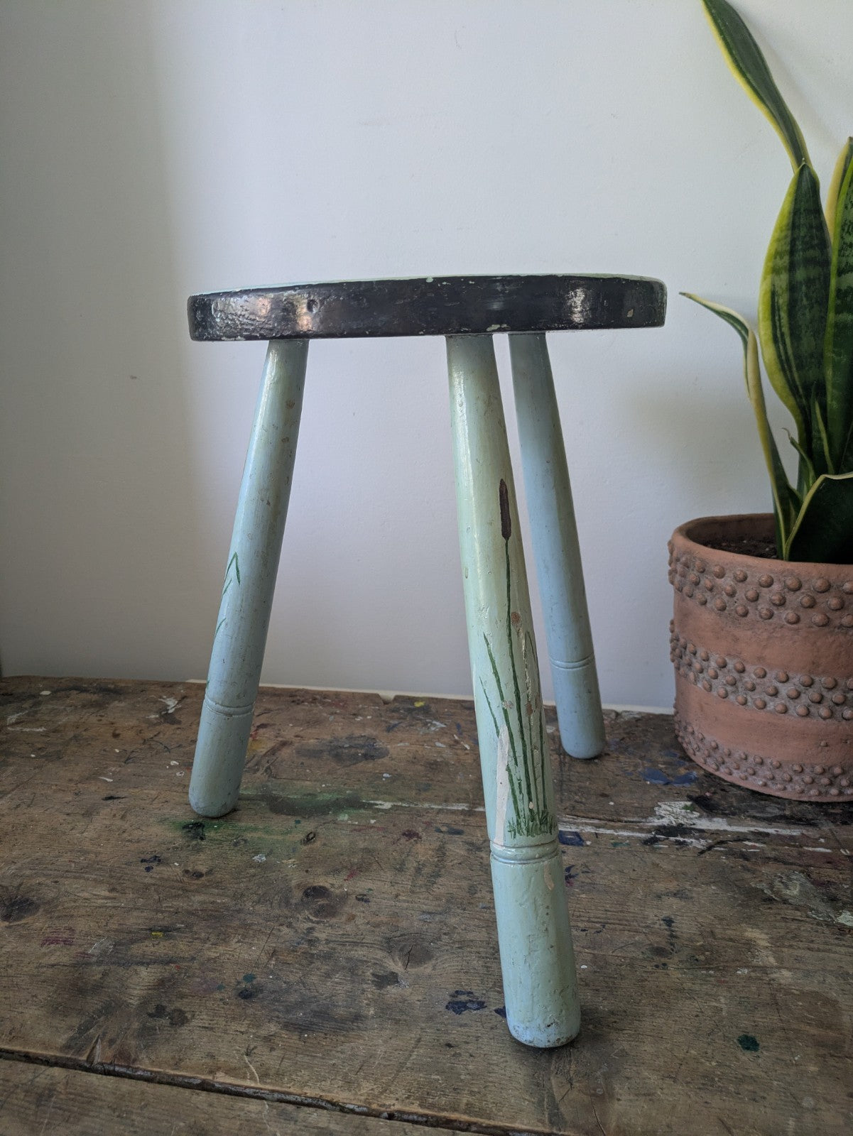 Vintage Stool Folk Art Hand Painted Cherries Blue Chippy Original Antique Tripod