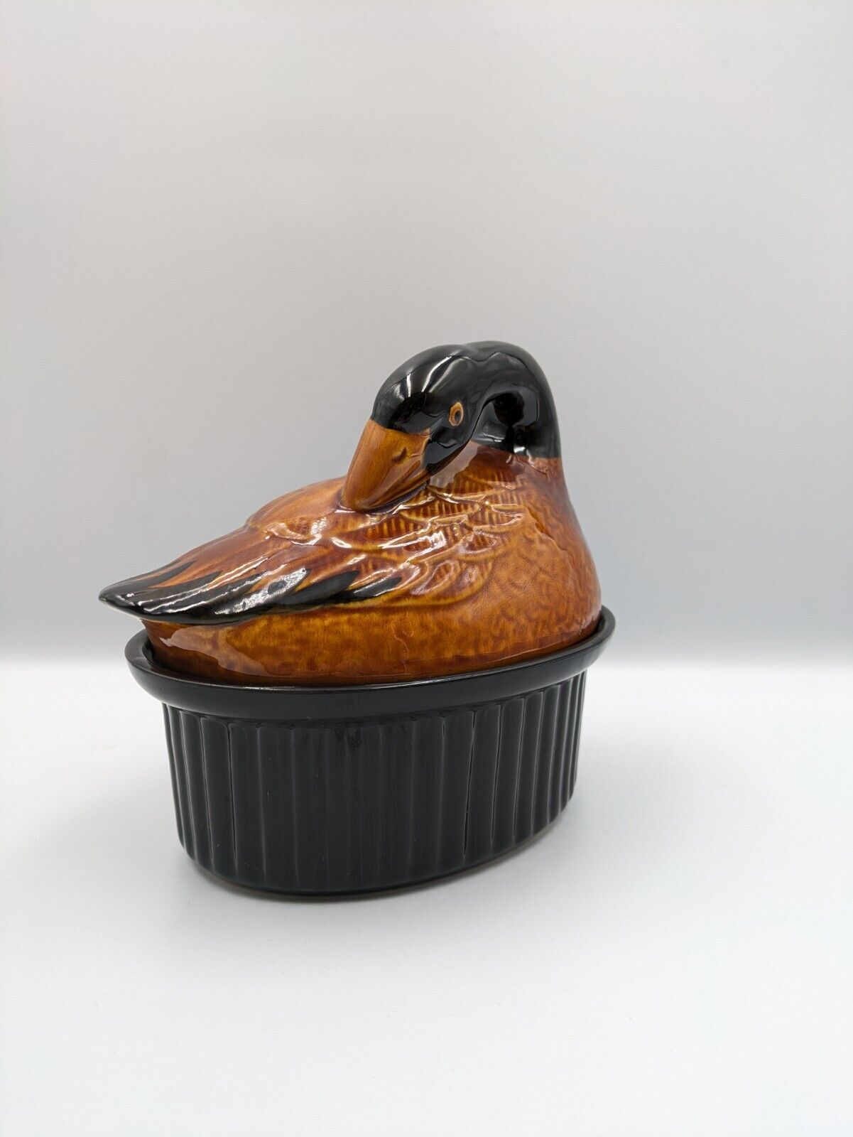 Vtg Majolica French Terrine Tureen Lid Pate Dish Ceramic Duck Bird Goose Rare