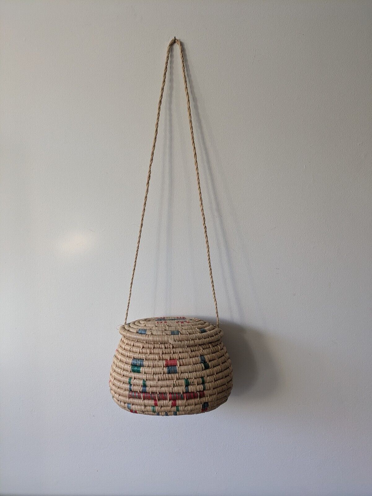 Vintage Native American Woven Coil Oval Basket Lid String Raffia Coloured Bag