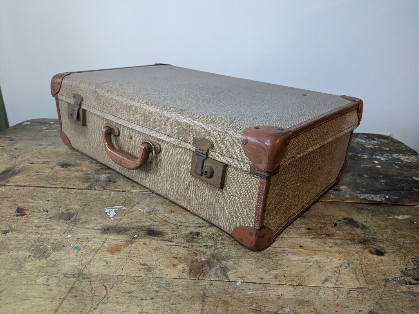1950s Vintage Retro Travair Lightweight Suitcase luggage Case Prop Two Tone Film