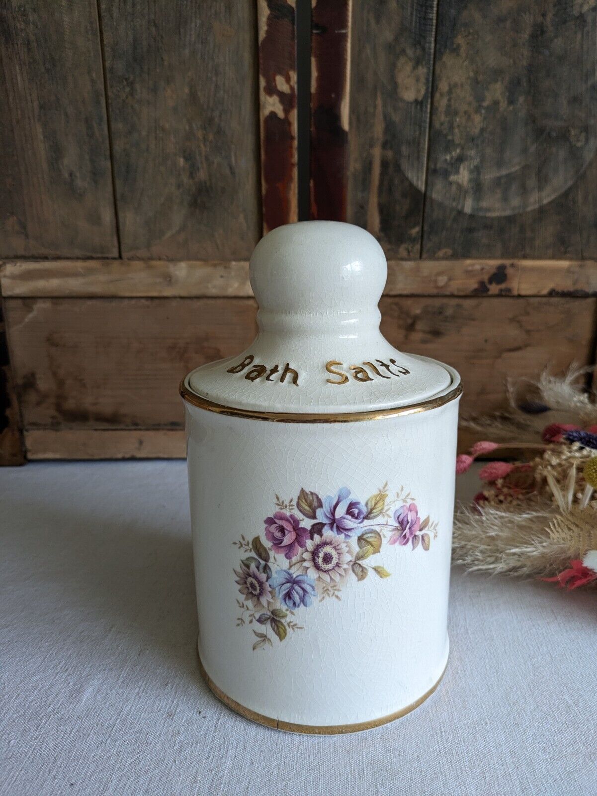 LARGE VINTAGE CERAMIC LID POT BATH SALTS PRICE KENSINGTON FLORAL JAR CONTAINER