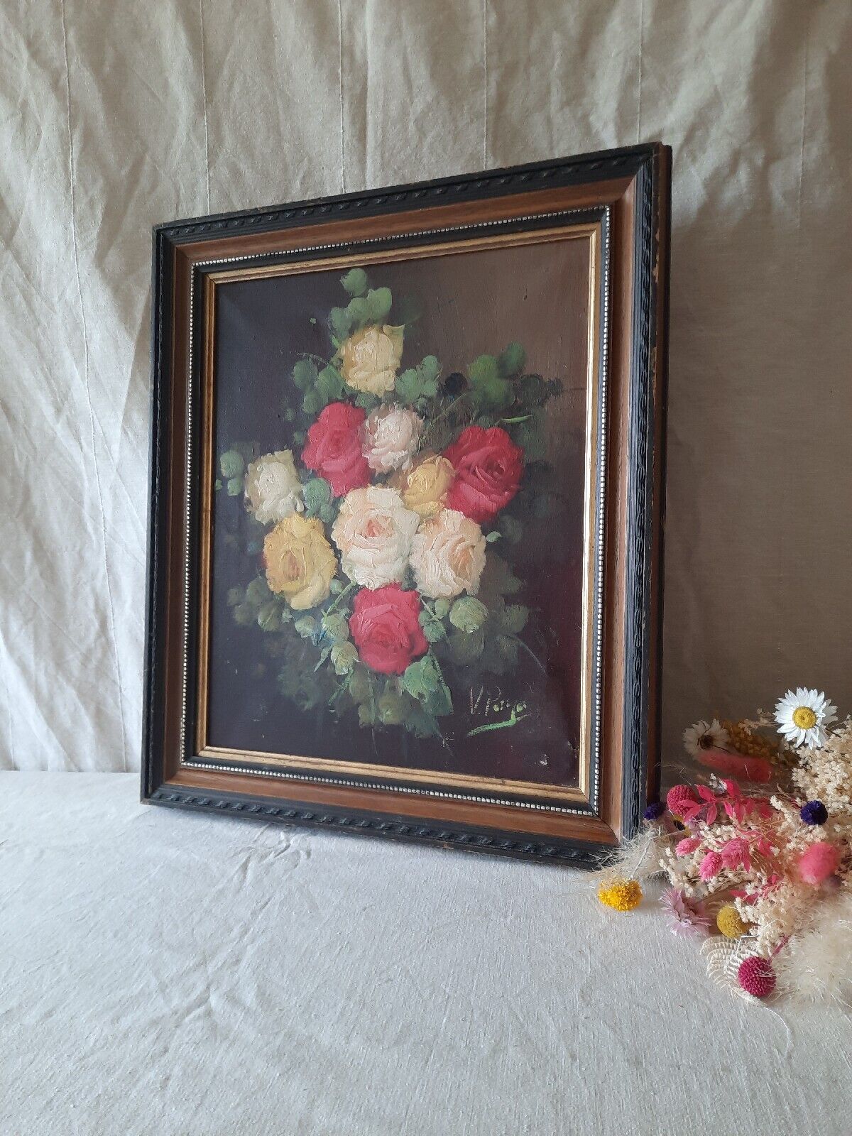 Large Original Vintage Antique Still Life Of Roses Oil On Canvas Painting Antiqu