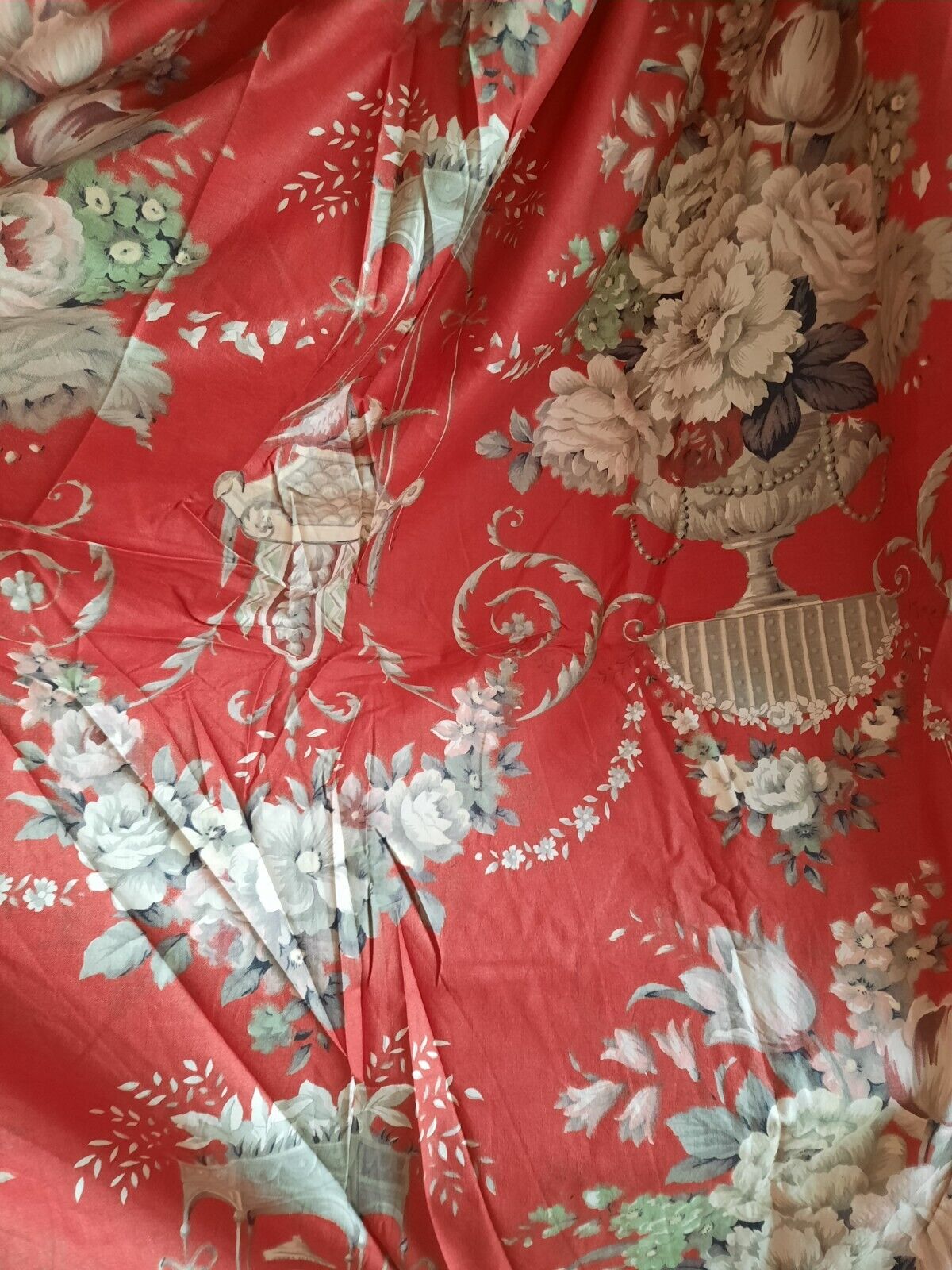 Vtg antique 40s french red floral fabric Cabbage Rose Bird Cage 2.33m X 2.45m