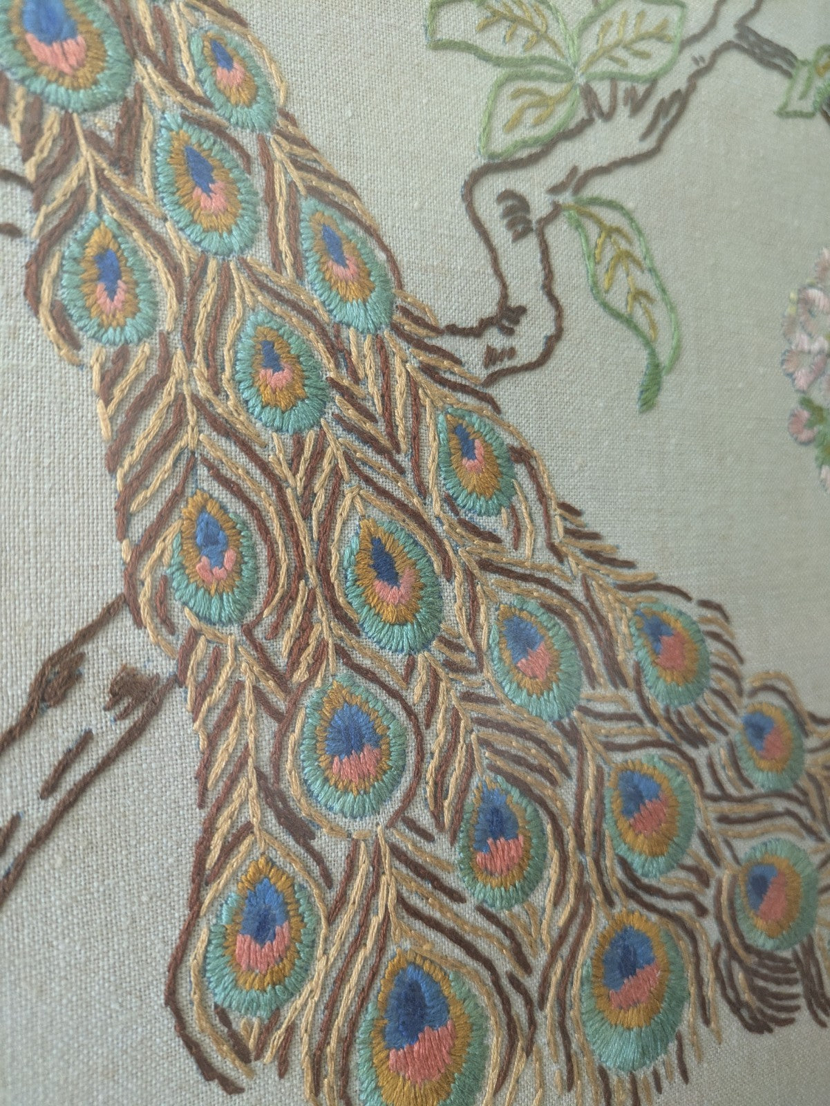 MID CENTURY FRAMED EMBROIDERY PEACOCK ON BRANCH PINK FLOWER LARGE VINTAGE RETRO