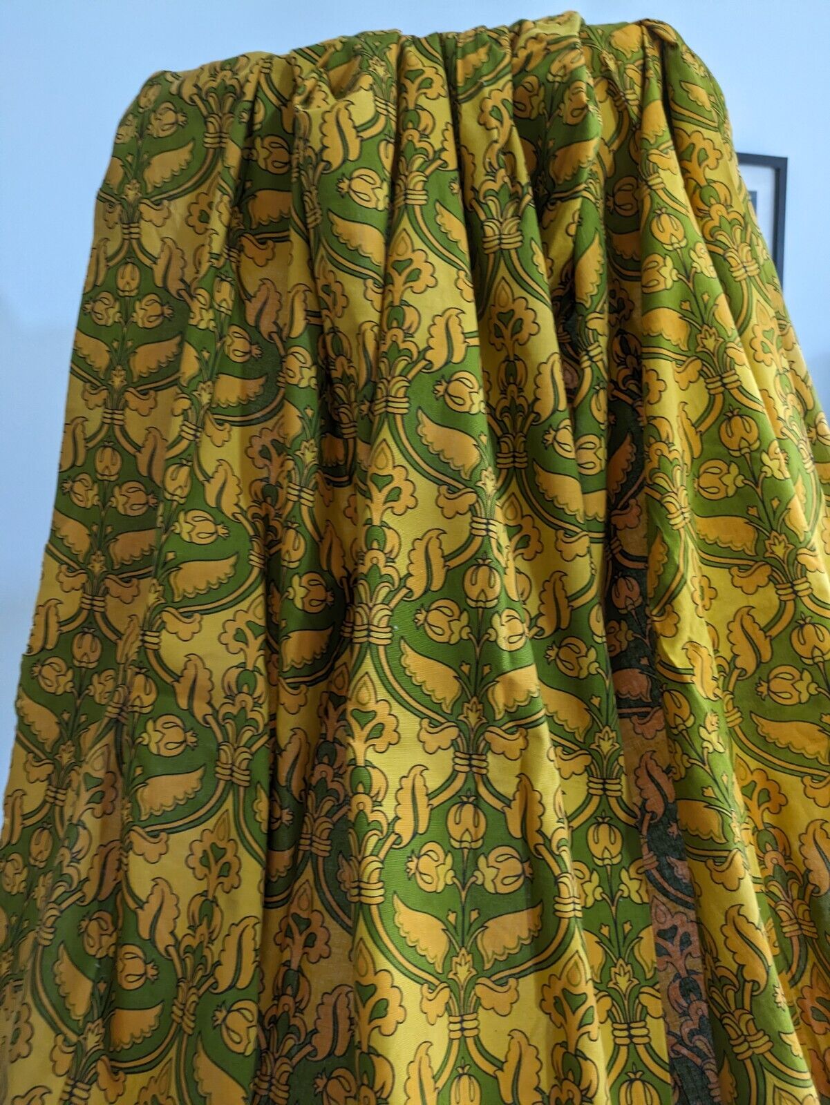 PAIR Vtg SANDERSON Renishaw Green Yellow Retro Curtains 137cmL 169cmW Bohemian