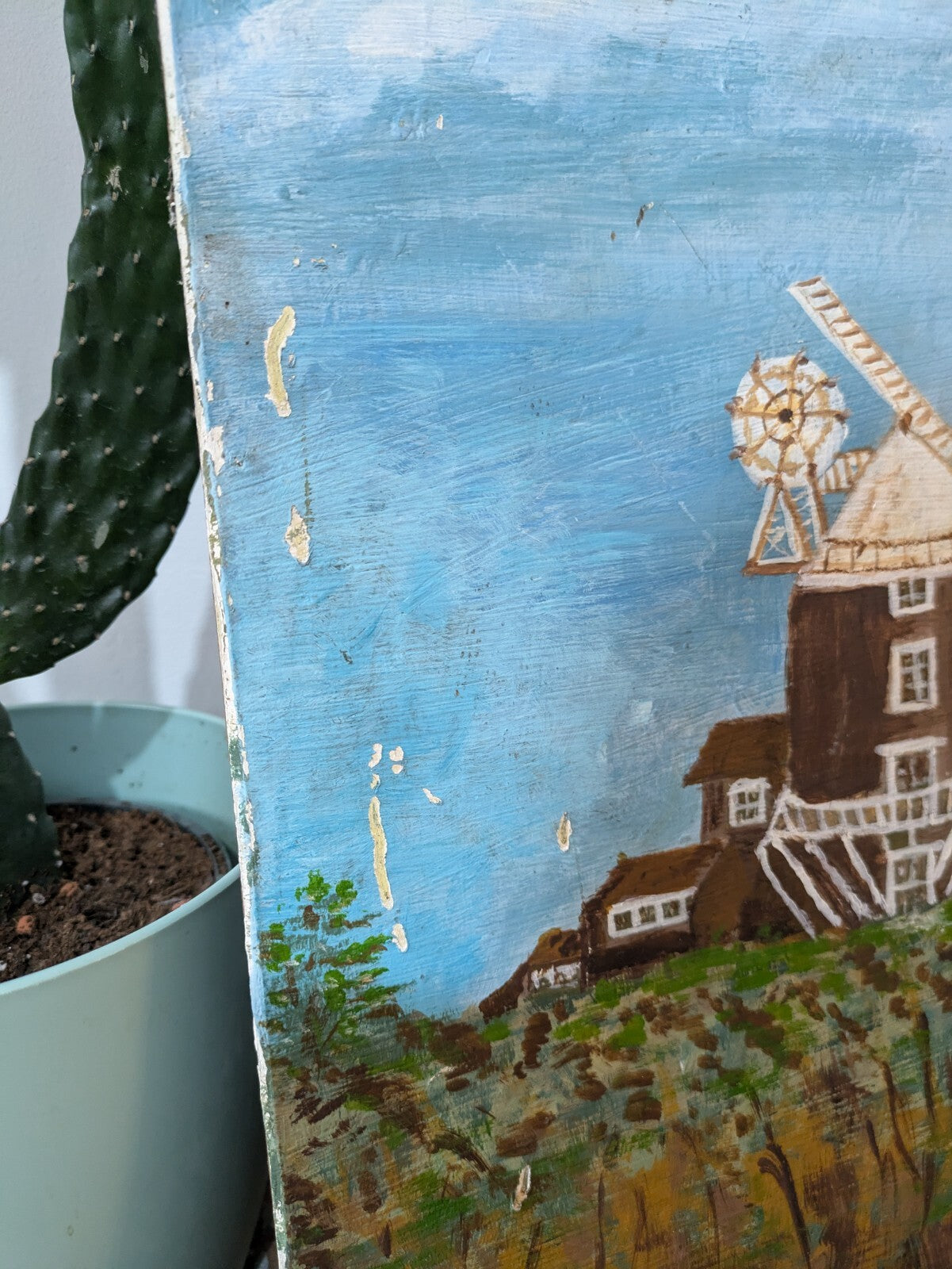 Vtg Painting T Morris Farm Windmill Oil On Board Country Picture Landscape