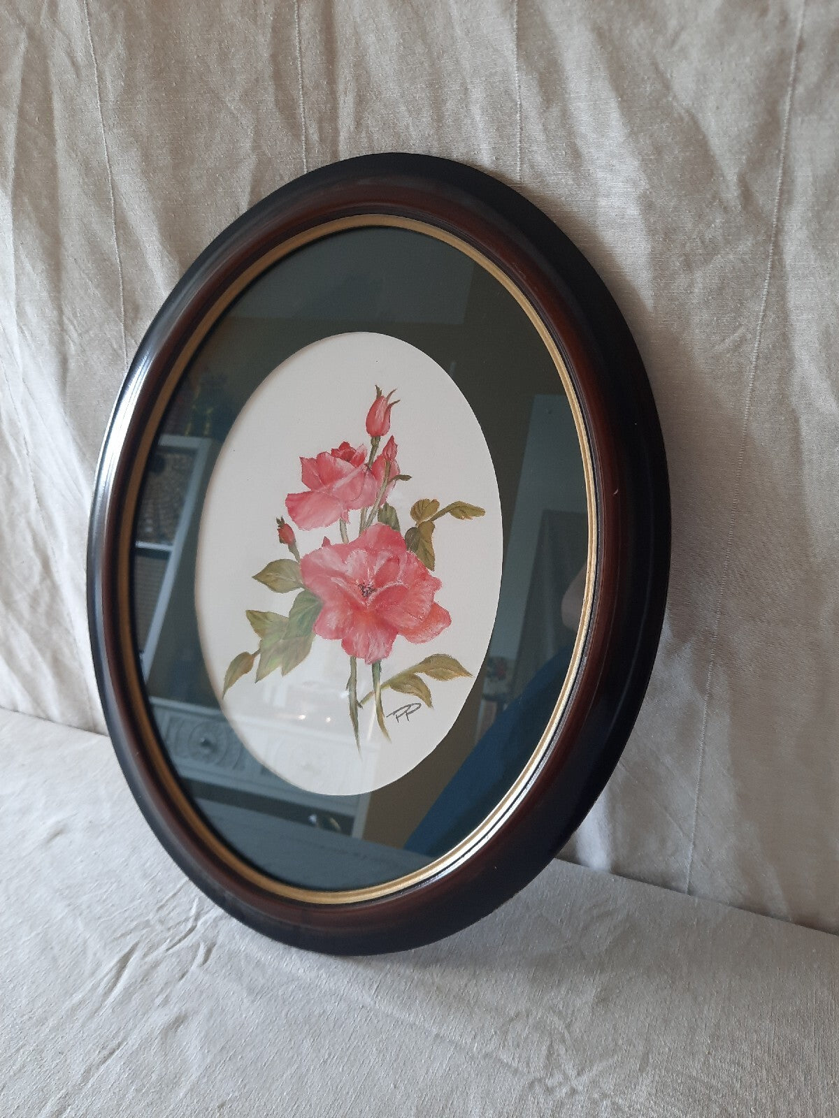 Vintage original oil Pastel painting Oval frame bouquet botanical old Red Rose