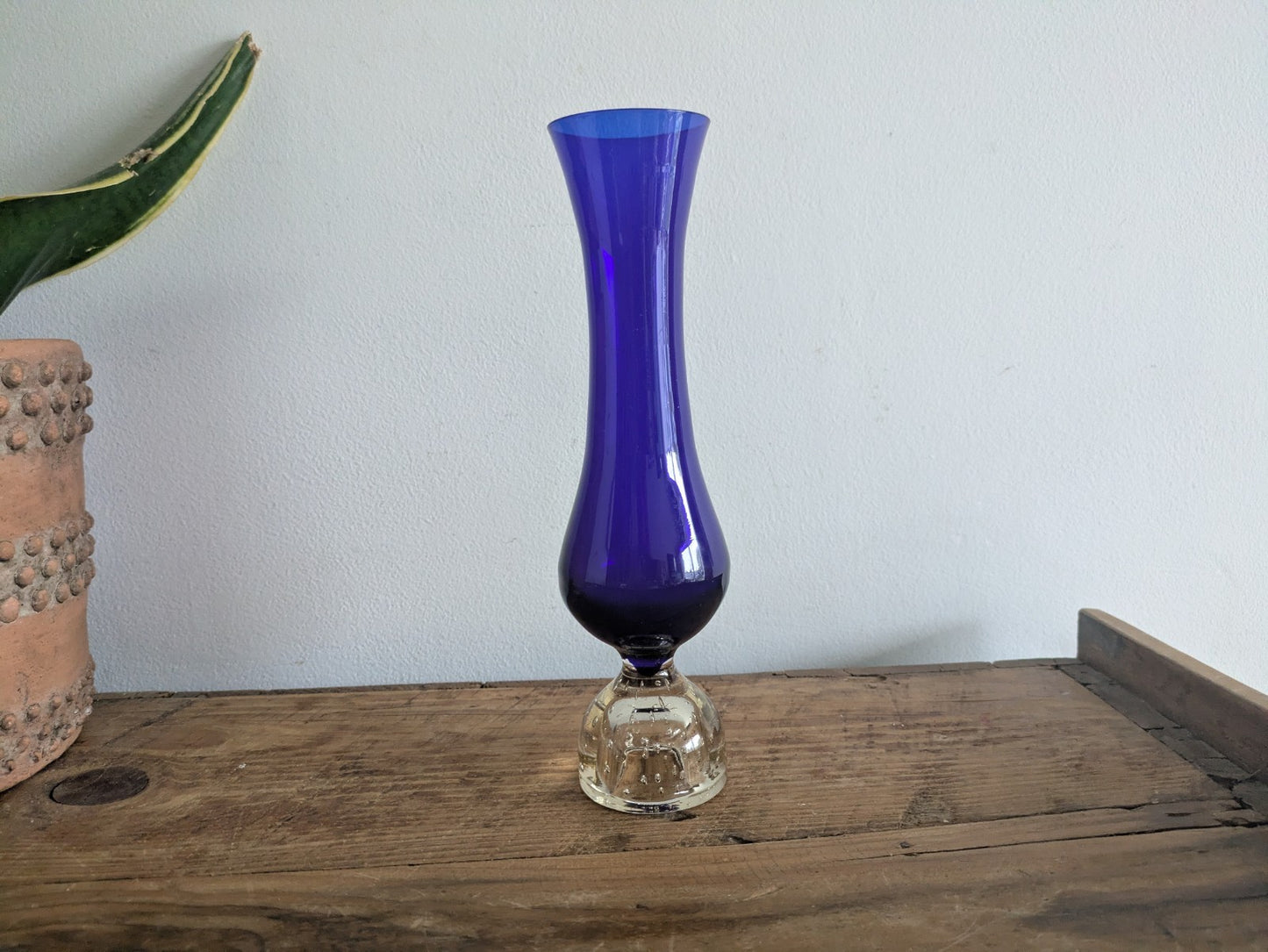 Cobalt Blue / Clear Glass Bubble Flower Stem Bud Vase Vintage Retro Mid Century