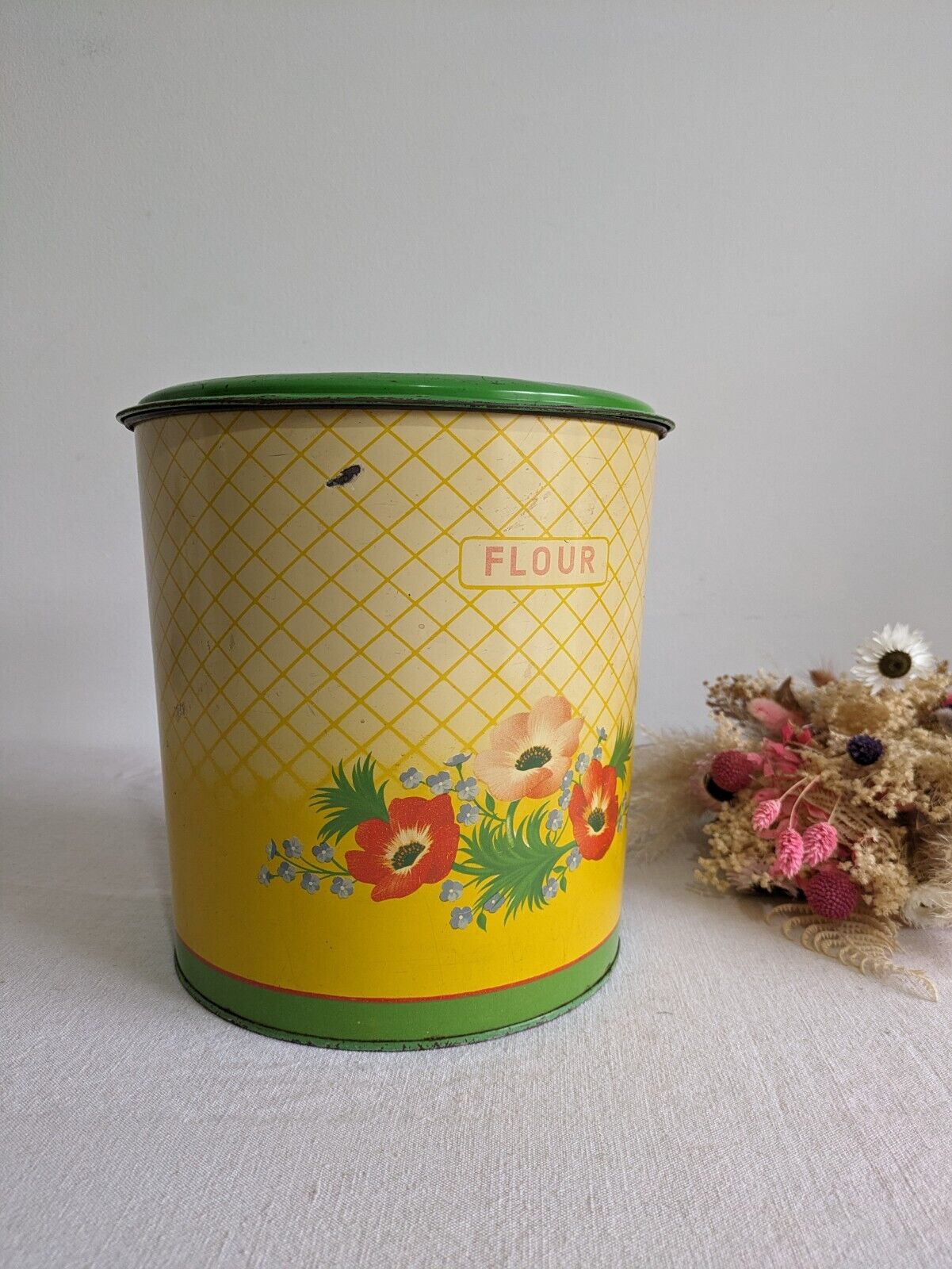 Vintage 1930s 40s Handiware Large Flour Storage Tin / Canister Rare Prop Kitchen