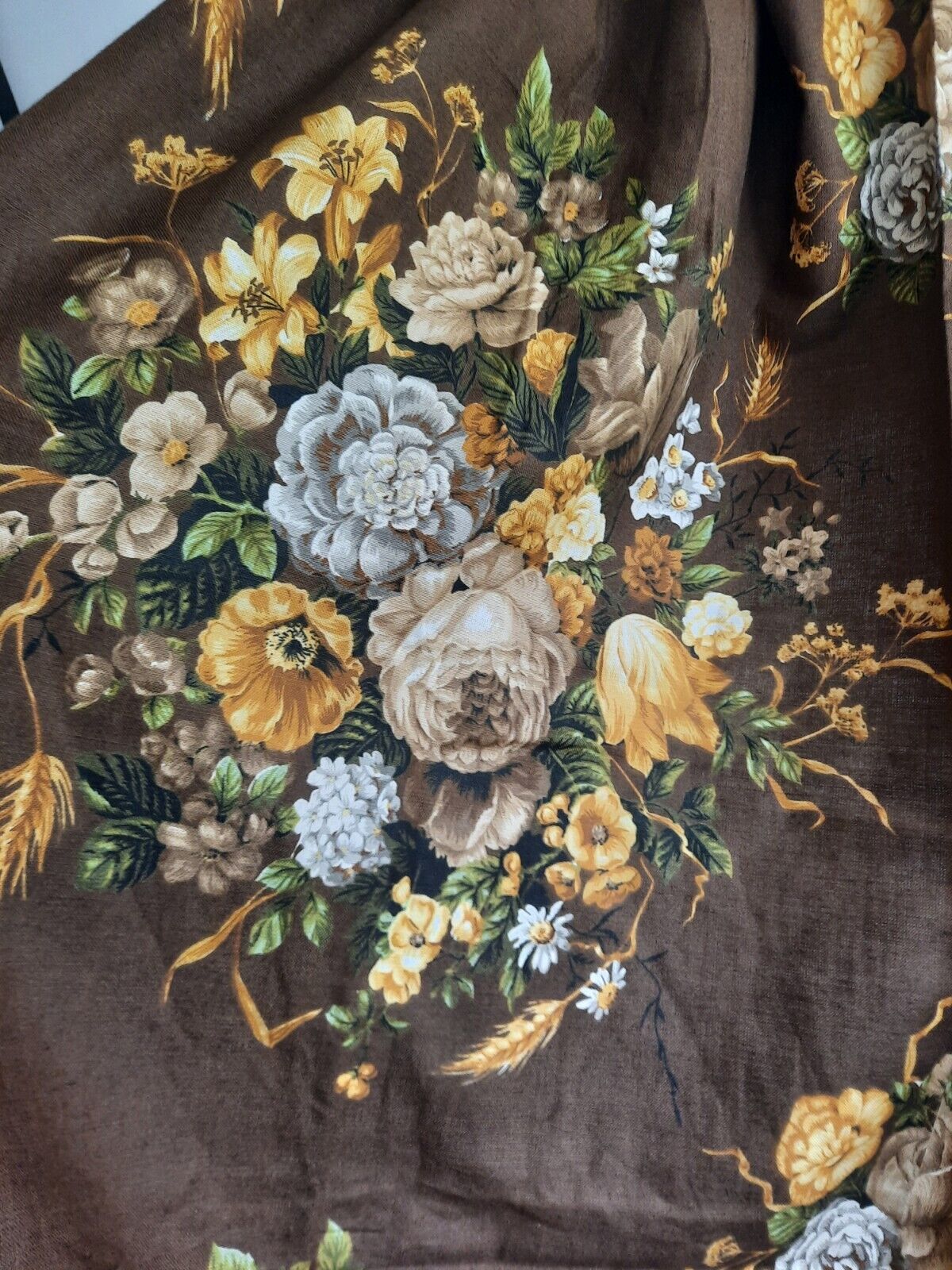 Vtg Moygashell Curtain Brown Fabric Thick 245cmLX 130cmW Retro Rose Floral